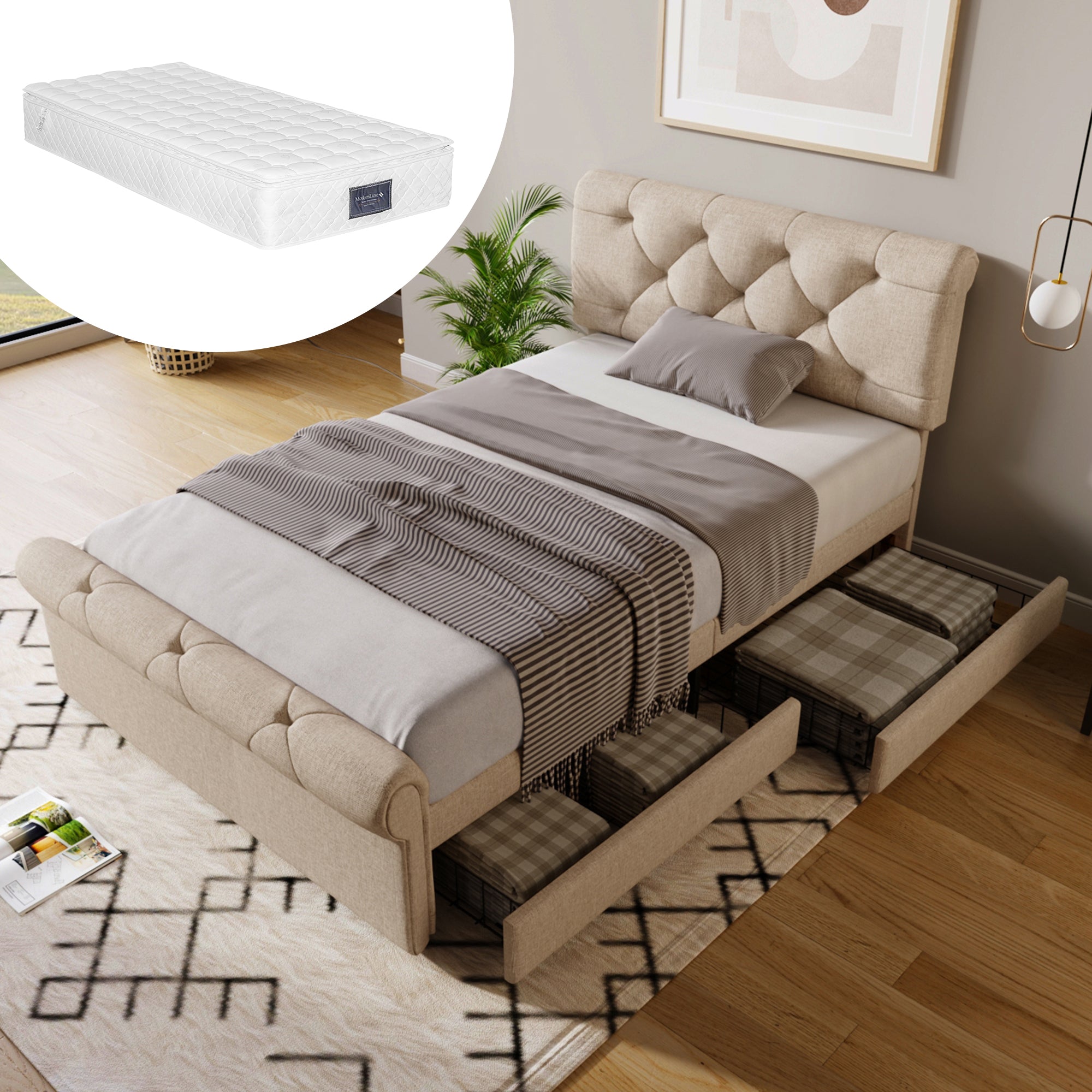 Single Upholstered Bed, 90x200cm with 2 Drawers, Adjustable Headboard, Natural