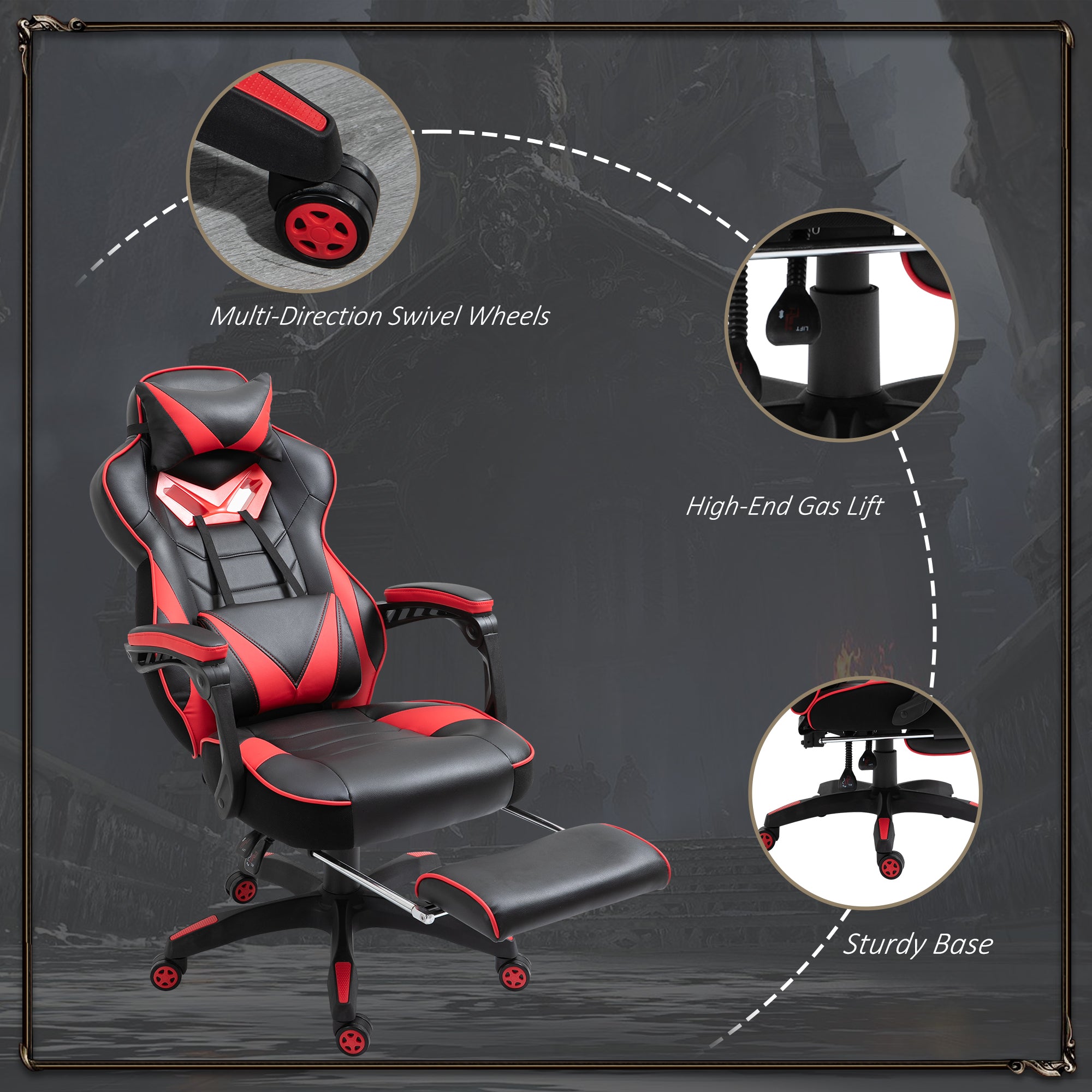 Computer Gaming Chair, Racing Desk Chair with Lumbar Support and Footrest, PU Leather, Red