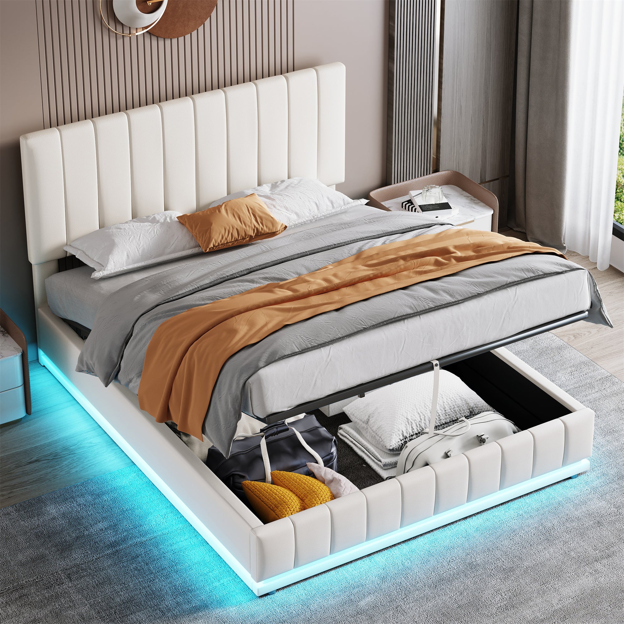 Ottoman King Bed with LED, Hydraulic Storage, PU Leather Cream White