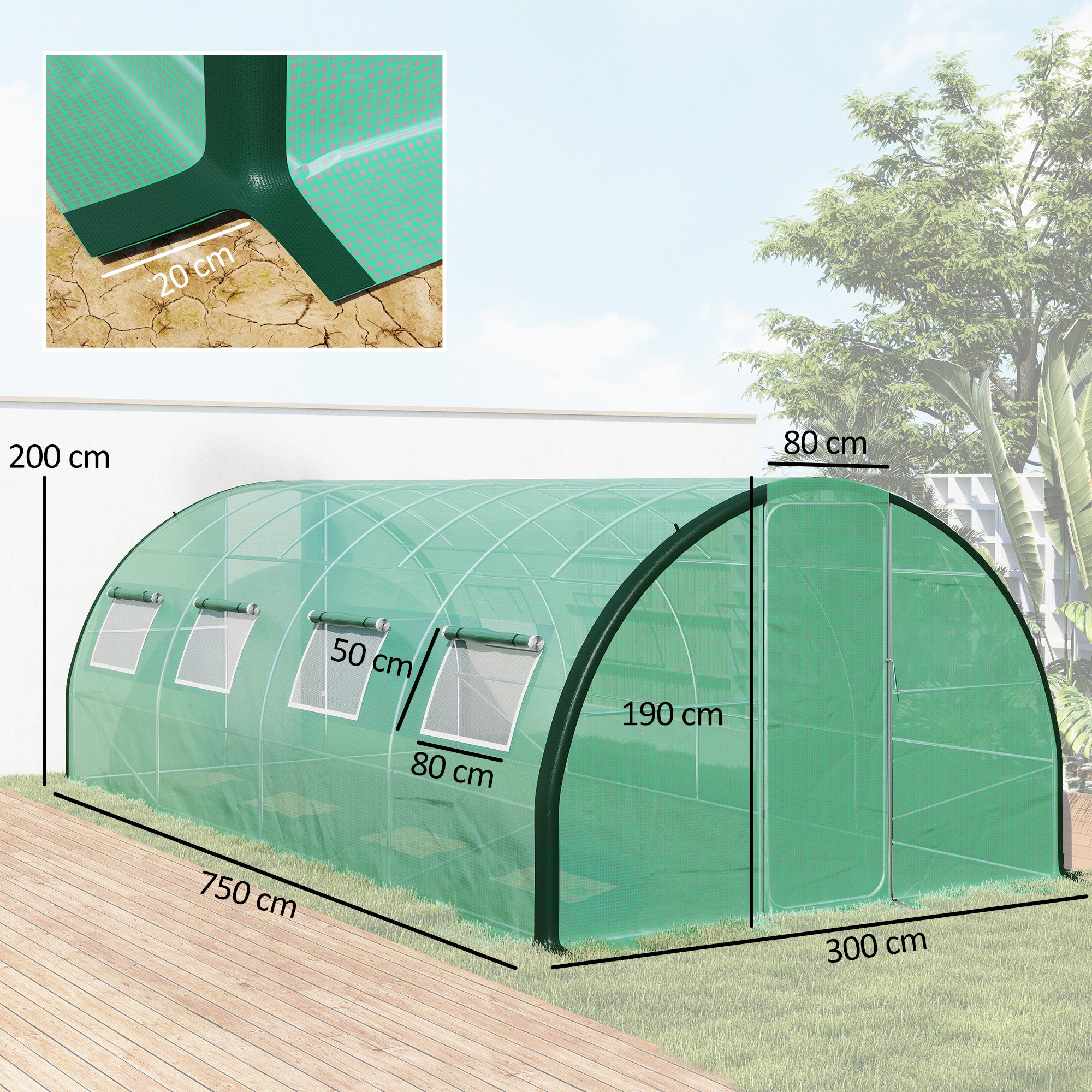Polyethylene Walk-in Polytunnel Greenhouse, Upgraded Structure, 6 x 3(m), Green