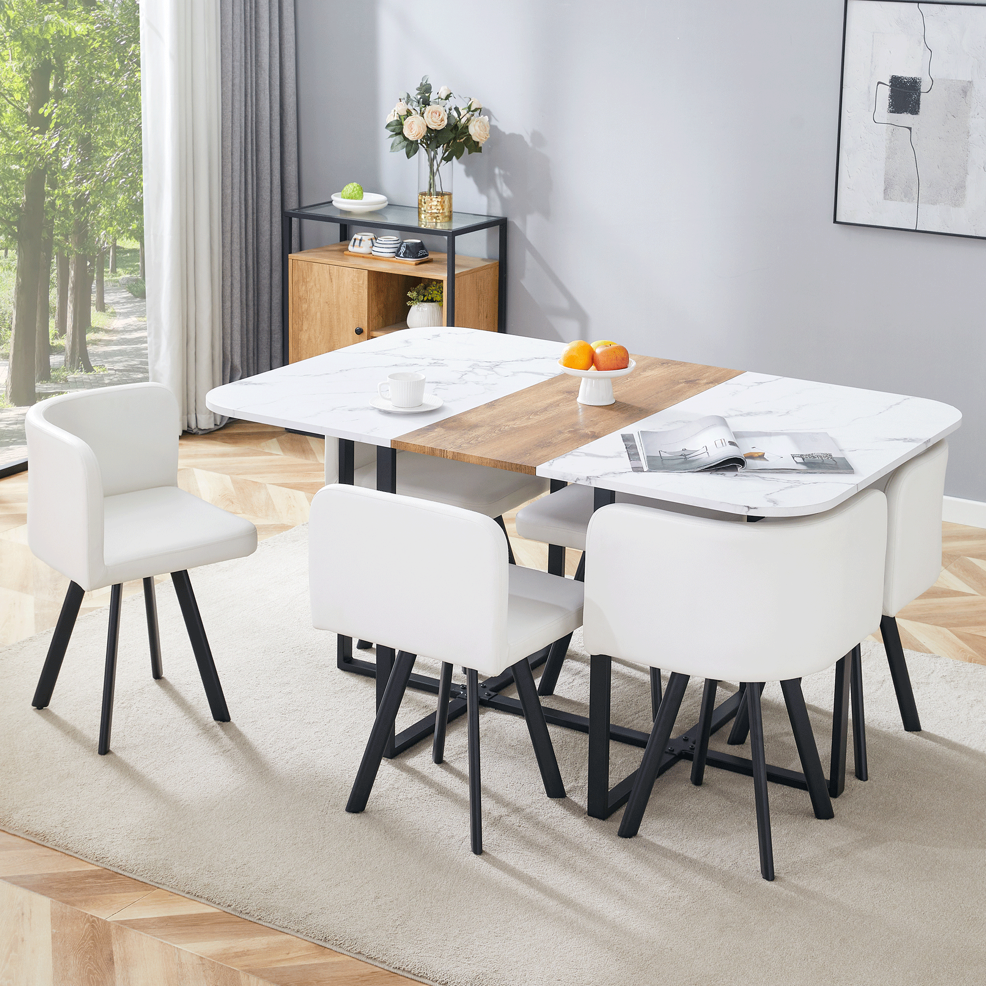 Dining Table Set Extendable Folding Table Chairs 4-6 Person White and Black