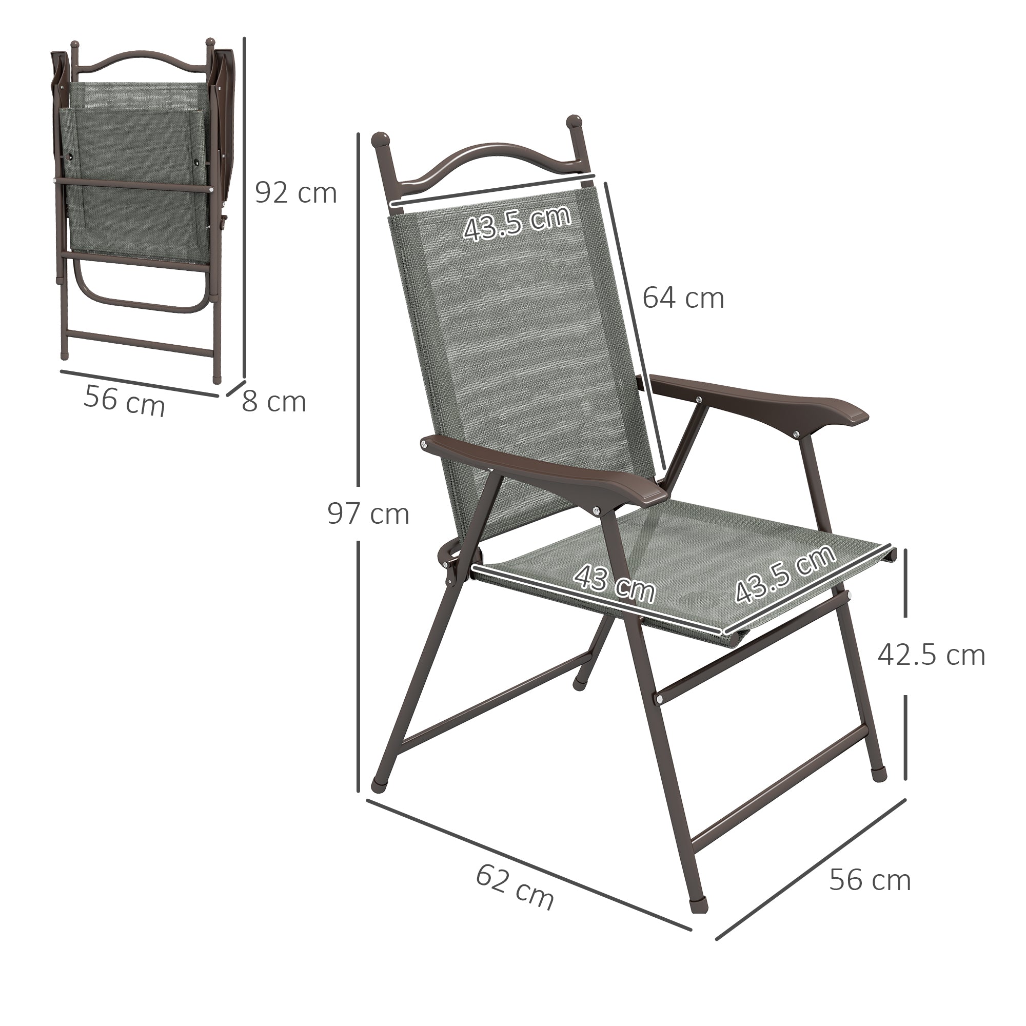 Folding Garden Chairs, Set of Two, Fabric Mesh, Dark Grey