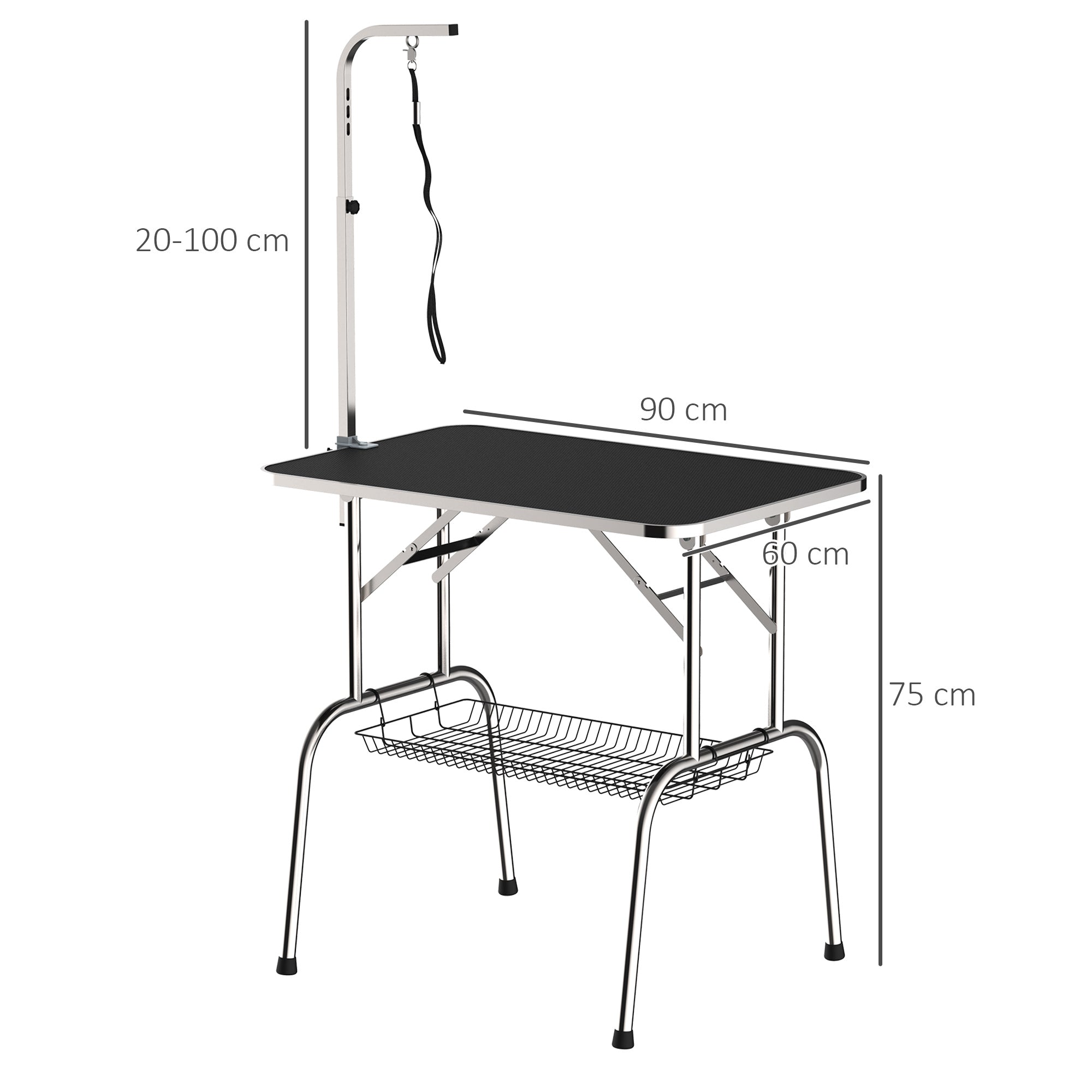 Grooming Table, Folding Height-Adjustable, Black Stainless Steel