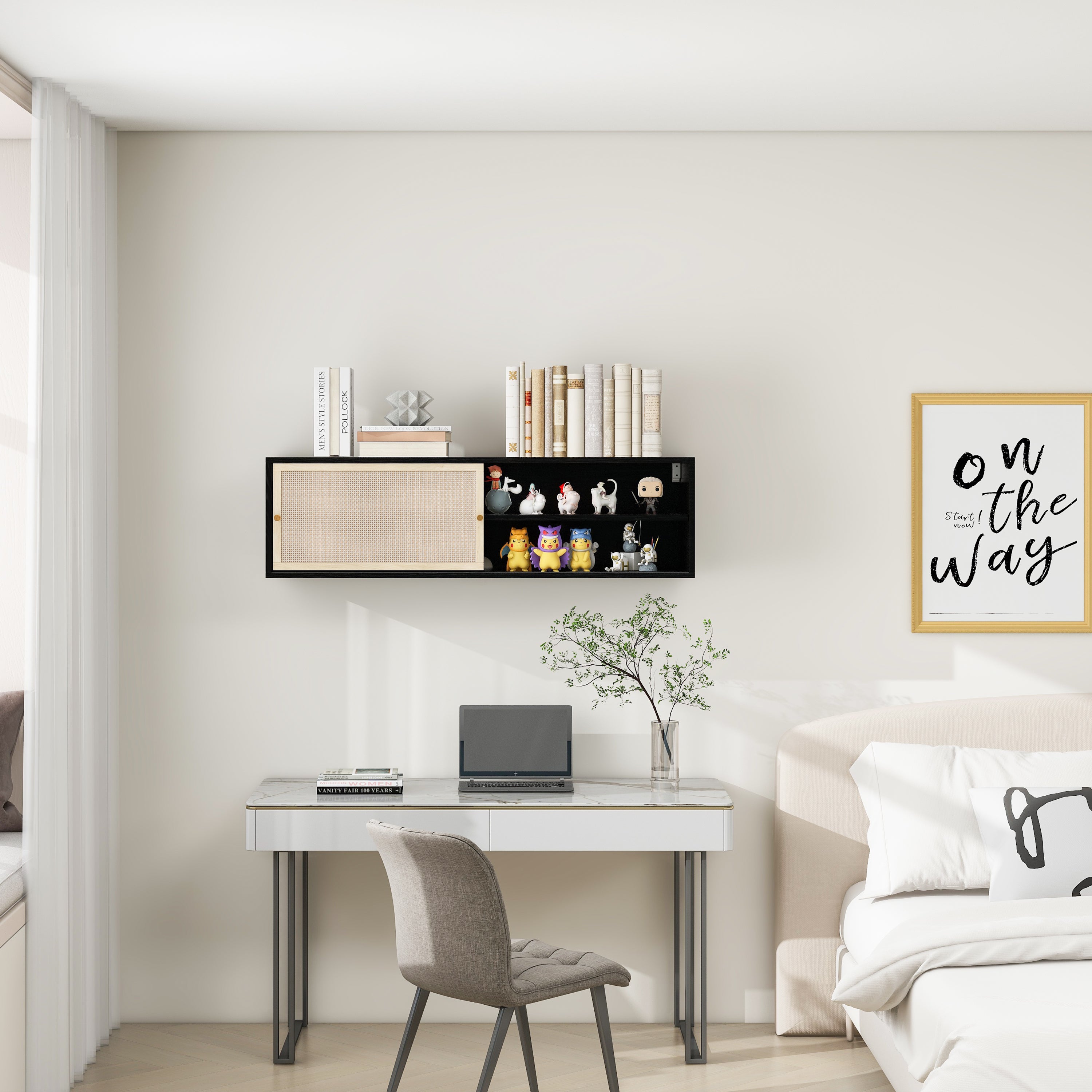 Wall Cabinet rectangular with sliding doors, rattan weave, 110 cm, black