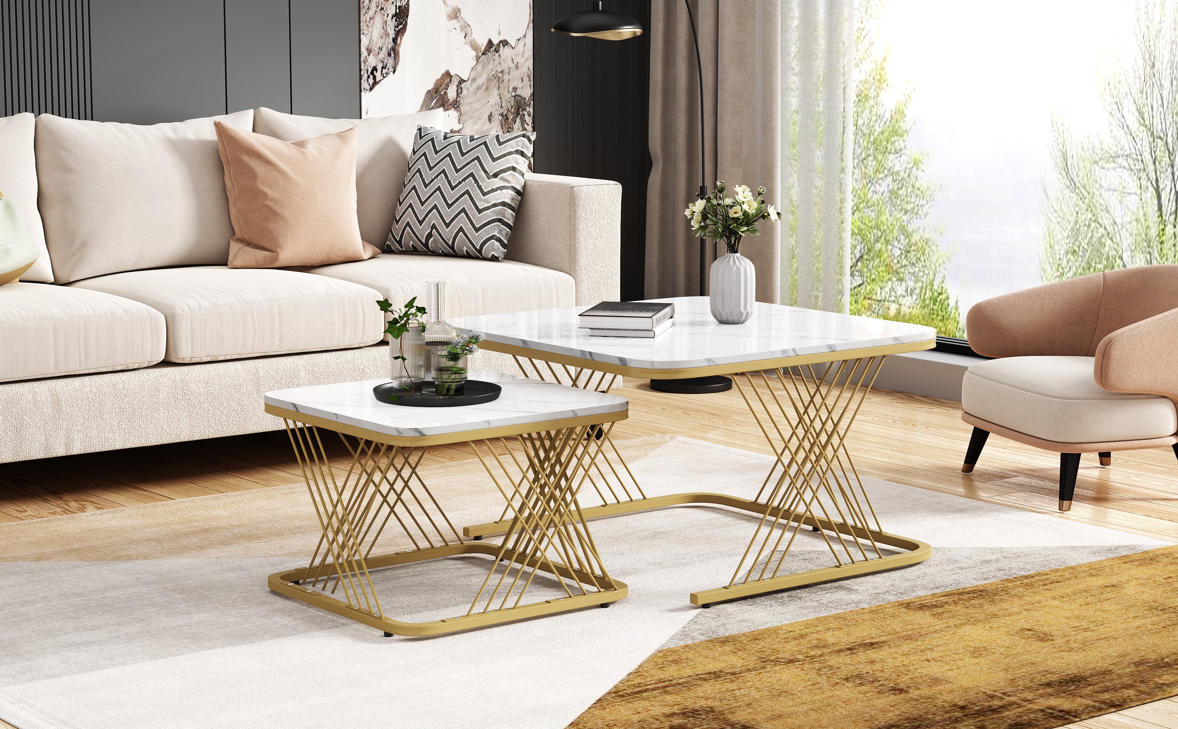 Nest of 2 Tables Coffee Table Set, Gold Metal Frame & Marble Pattern Top, White + Gold