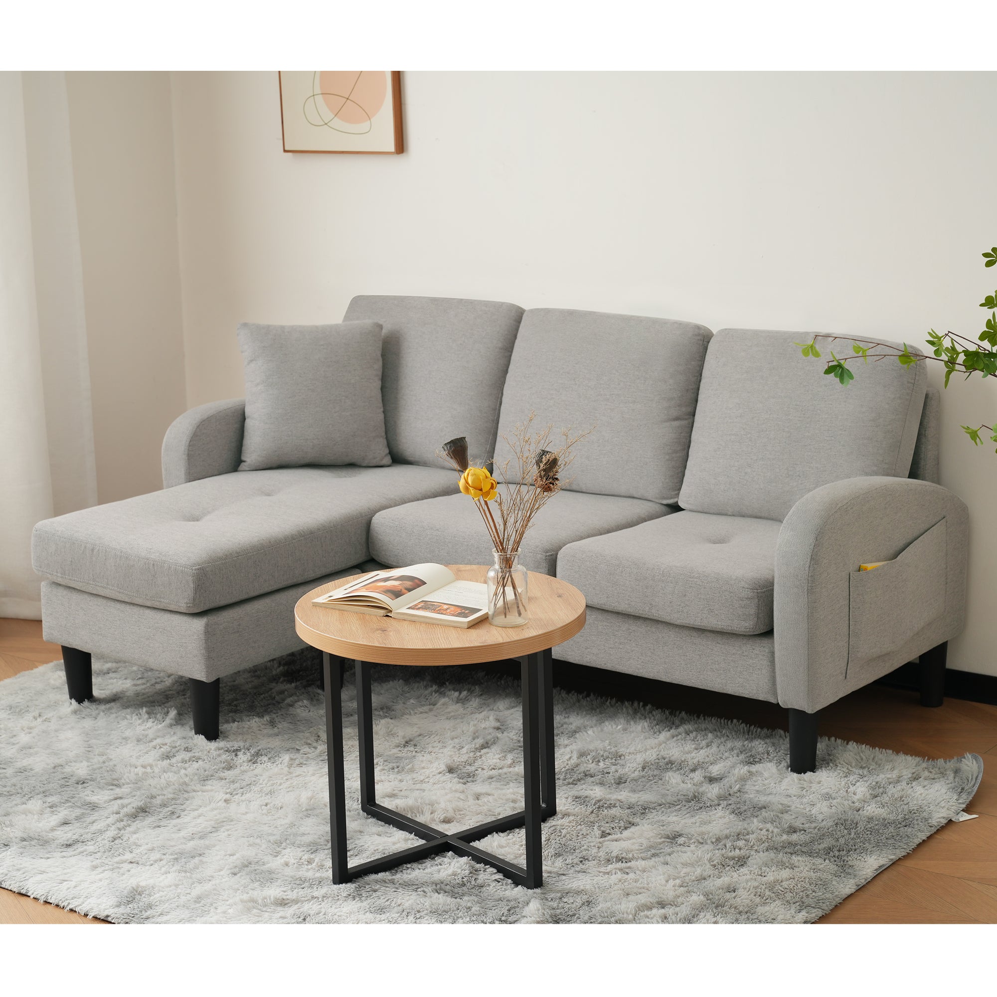L-shaped Corner Sofa 3-Seater Chaise Longue Modular - Cotton-Linen