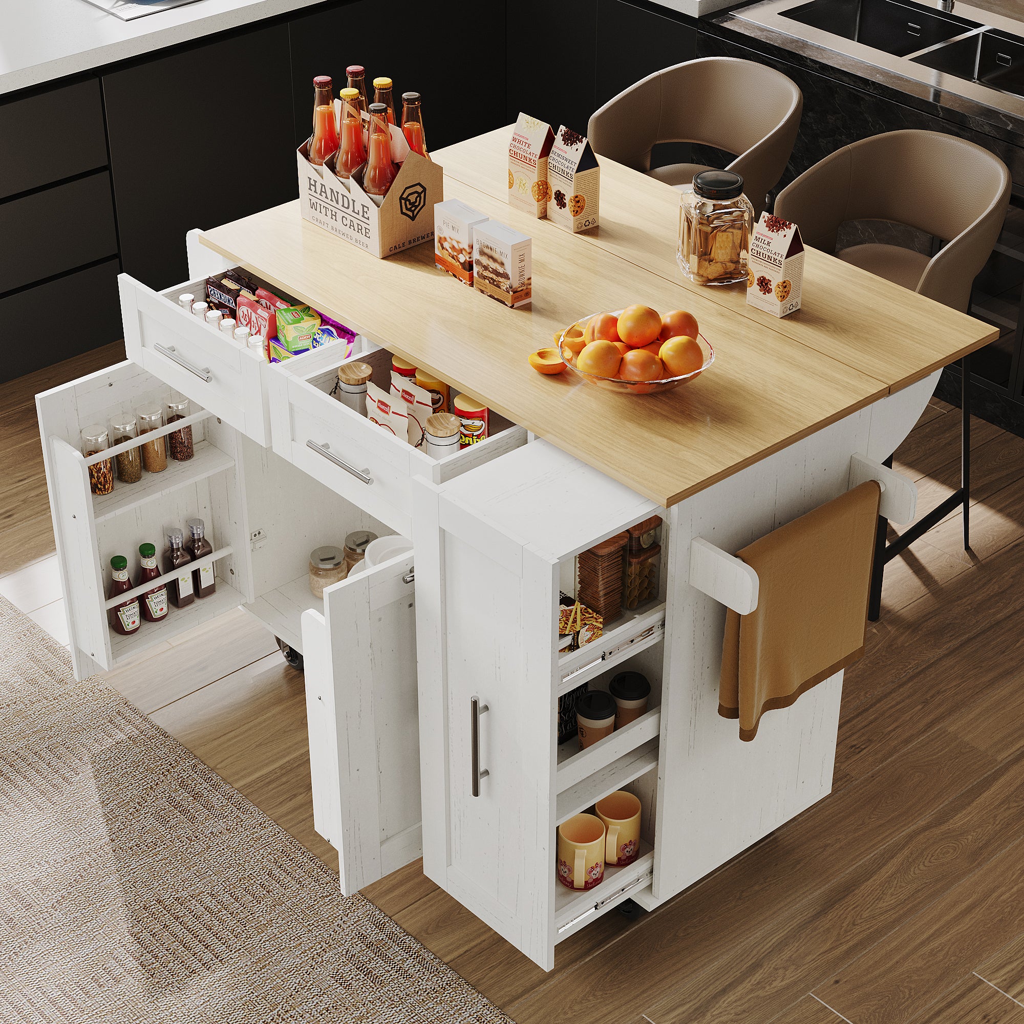 Dining Cart Kitchen Island - Multifunctional Extendable Table Storage - White Wood Grain
