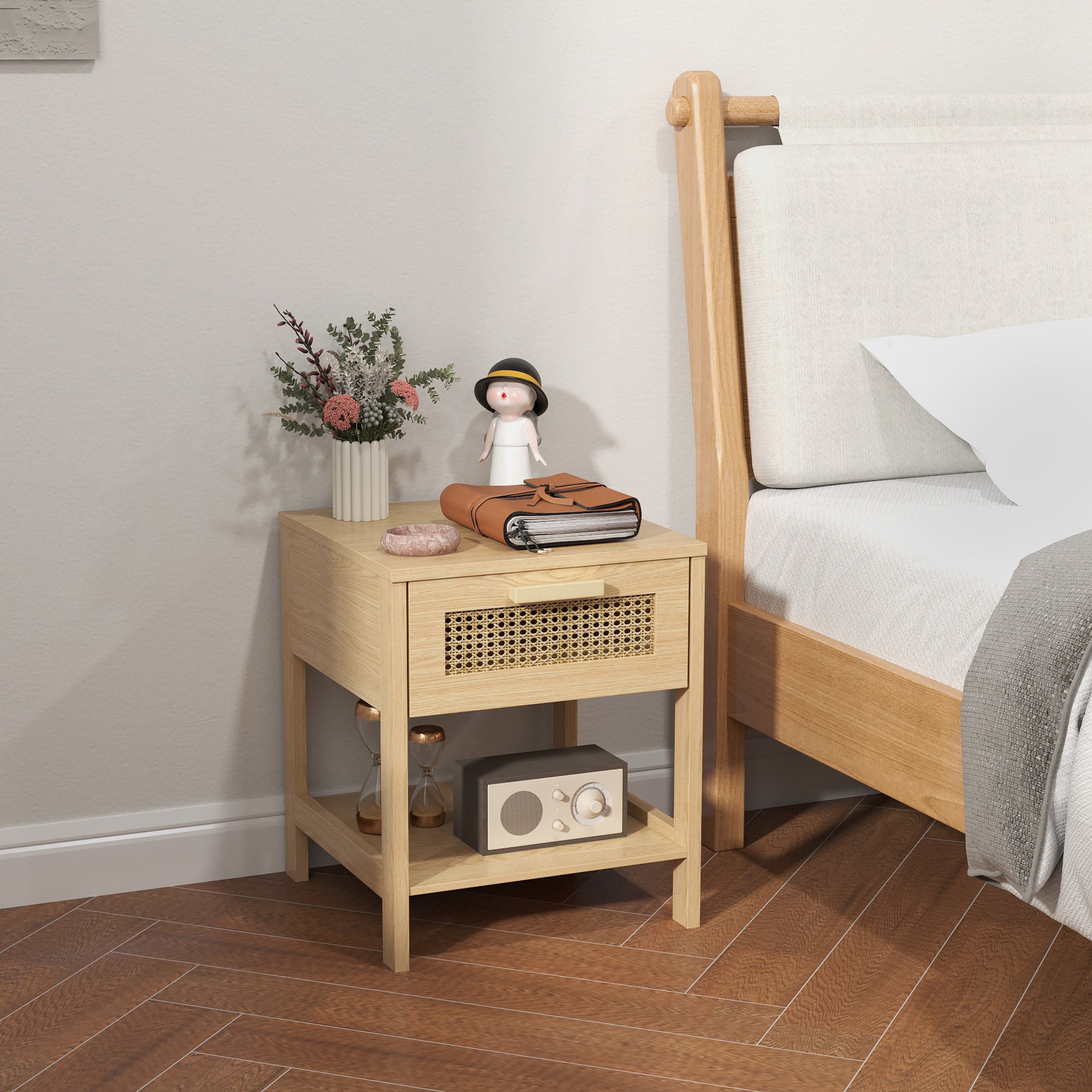 Bedside Table with Drawer, Open Shelf, Rattan Design, Natural