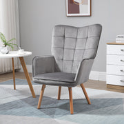 Modern Accent Chair, Tufted Wingback Armchair with Wood Legs, Grey Velvet