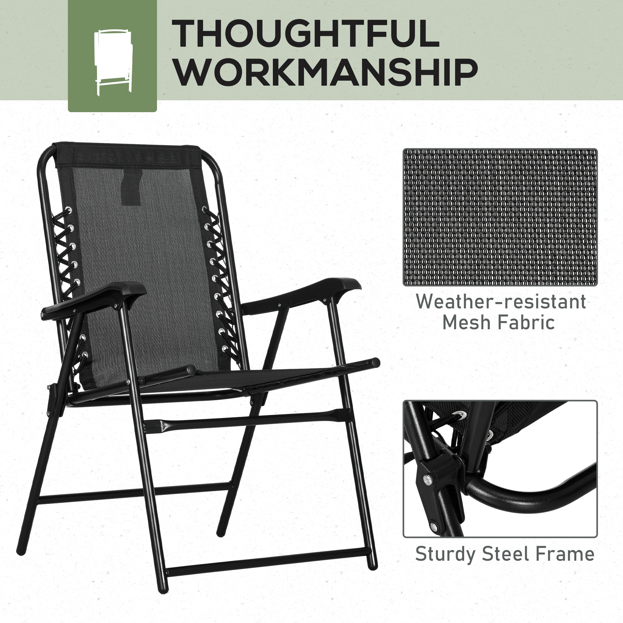 2 Pcs Patio Folding Chair Set Outdoor Portable Loungers with Armrest Steel Frame, Black