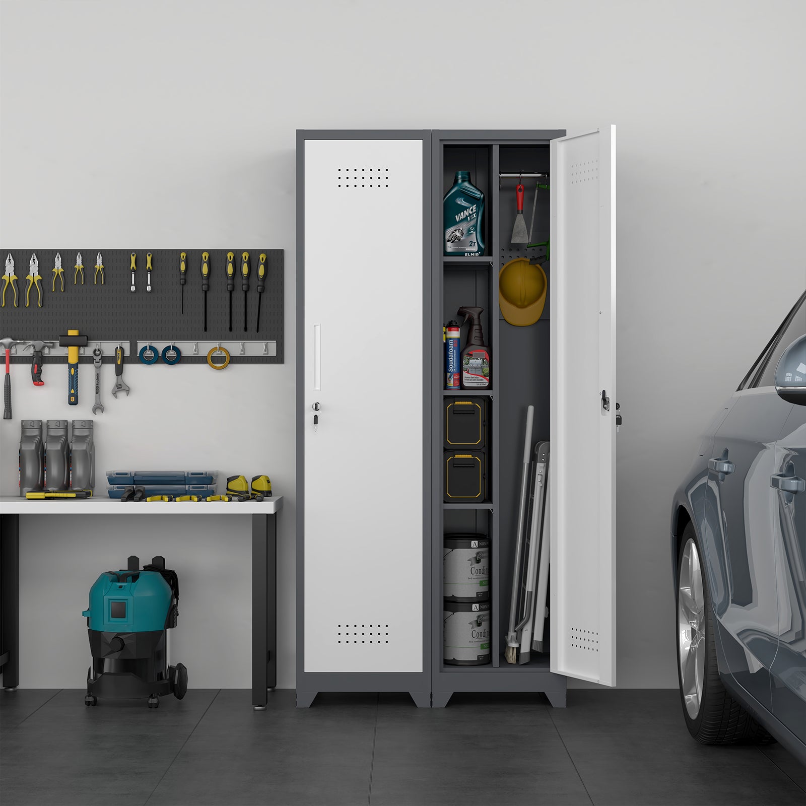 Slim Broom Storage Cabinet with Shelves, Hanging Rod & Locking Door - Metal