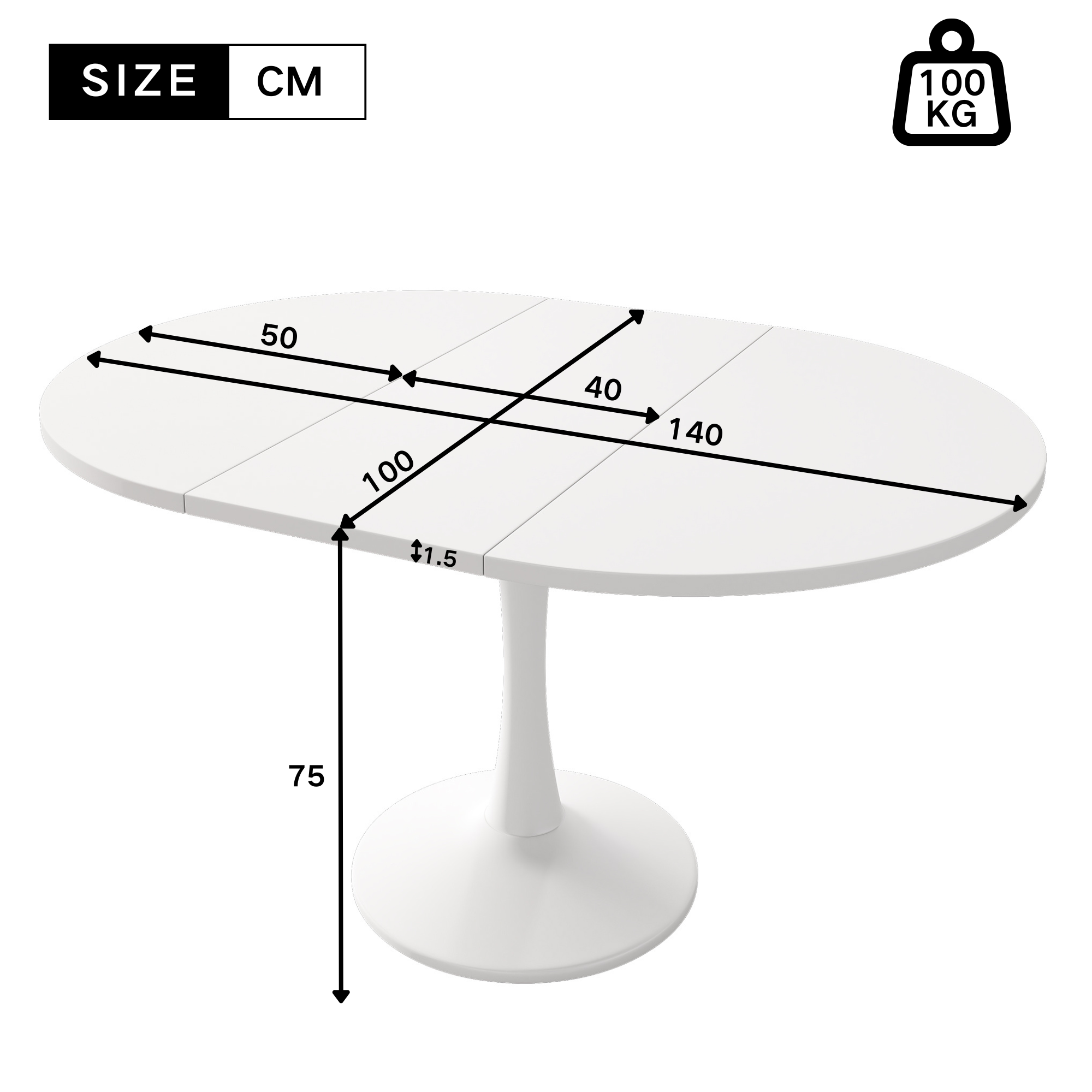 Extendable Dining Table Oval 100/140x100cm Modern Simple - White