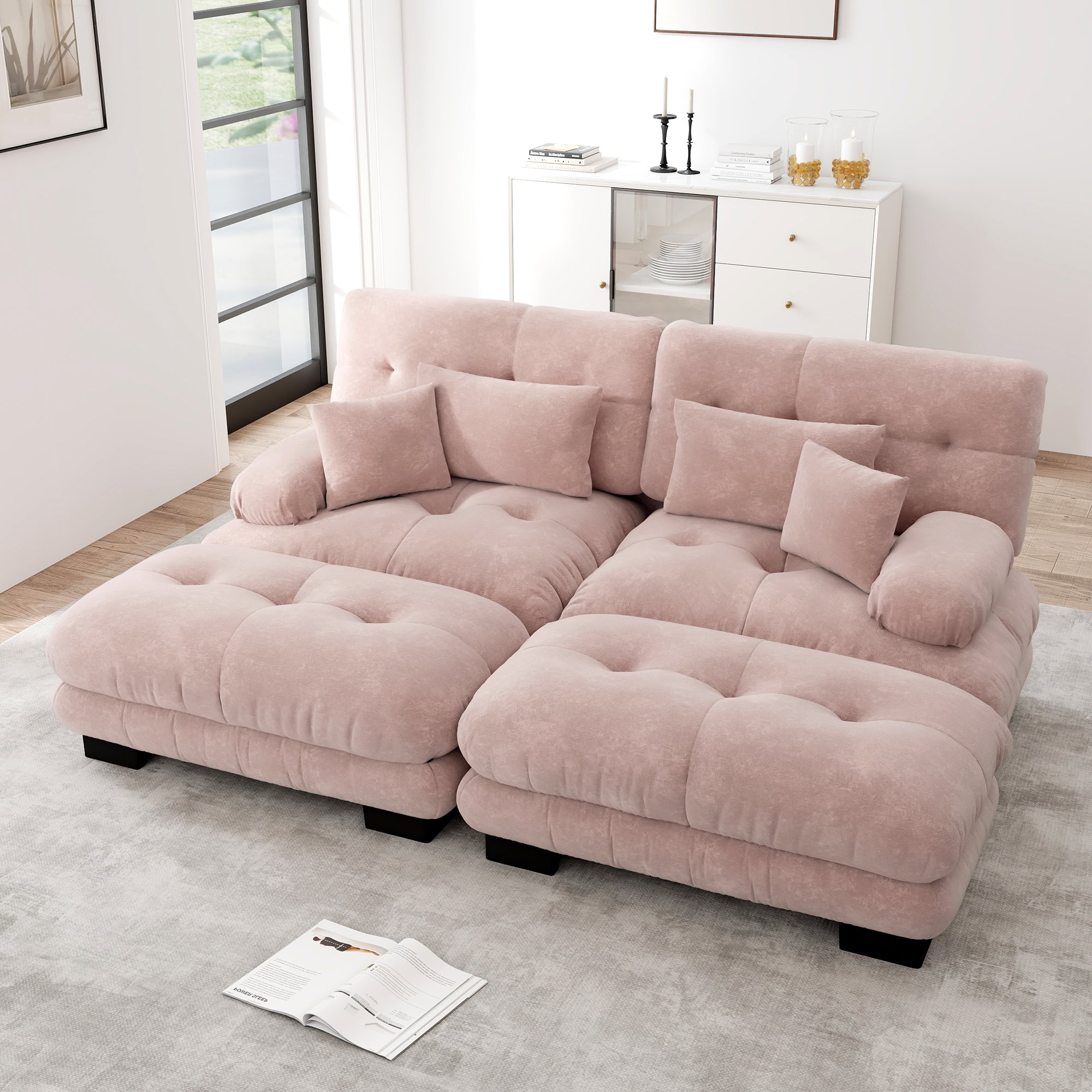 Cloud Corner Sofa, Double with Lumbar & Decorative Pillows, Ottomans, Chenille Pink