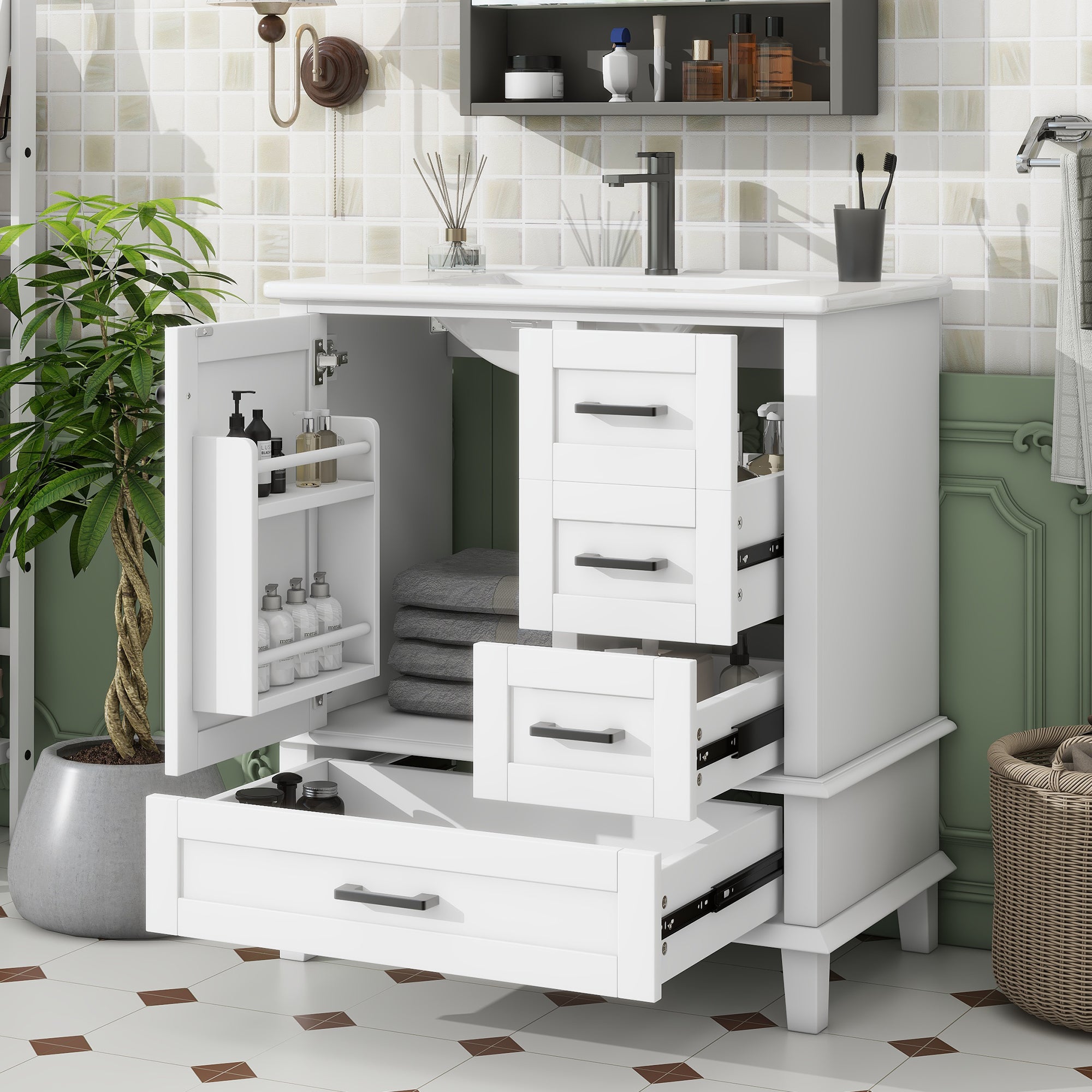 Bathroom Vanity Unit with Ceramic Sink and Three Silent Drawers, White