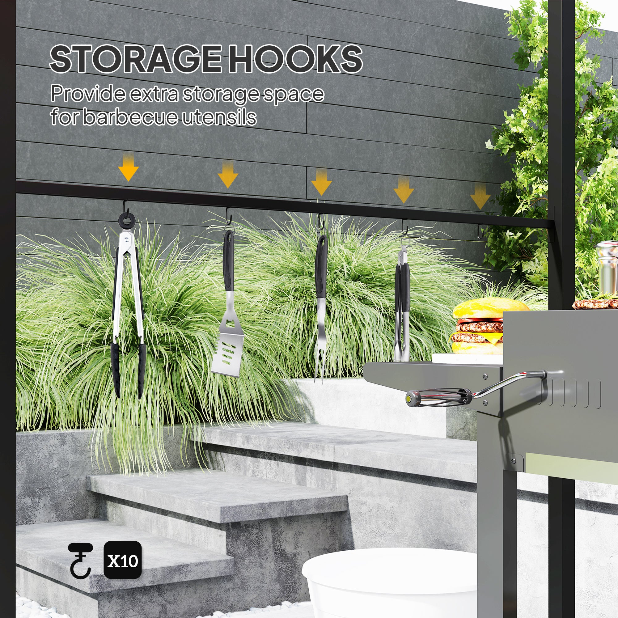 BBQ Grill Gazebo Tent 2.2x1.5m Metal Frame Curved Canopy 10 Hooks, Khaki