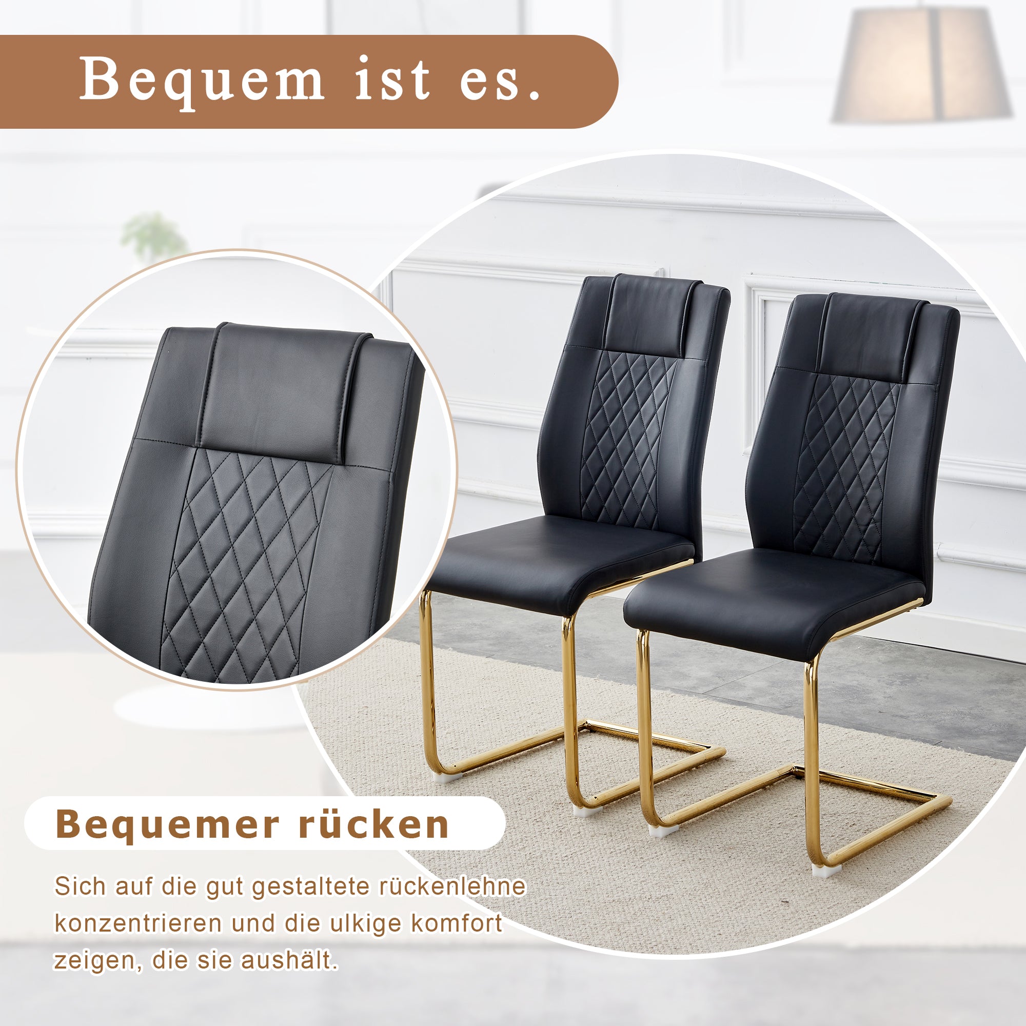 Scandinavian Dining Chairs, Mesh Backrest, Gold Metal Legs, Black PU Leather