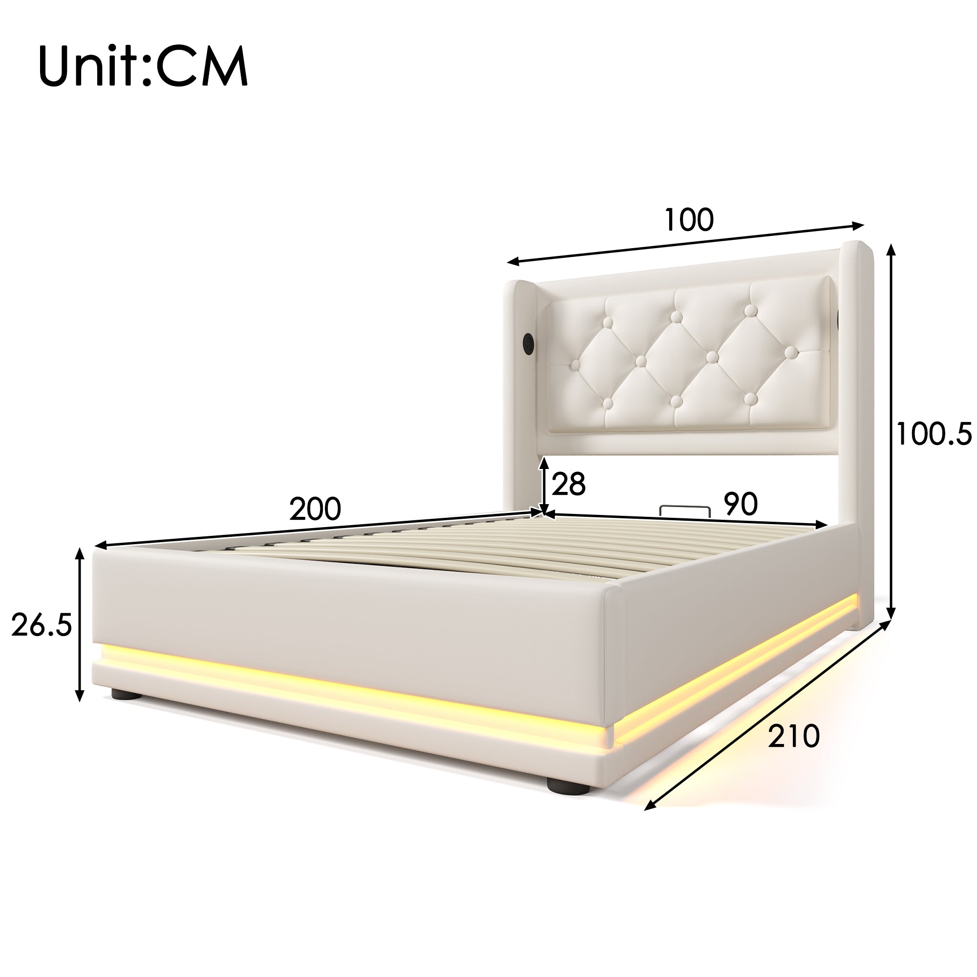 Upholstered Single Bed 90*200cm Hydraulic Storage Headboard USB Type-C LED, White PU