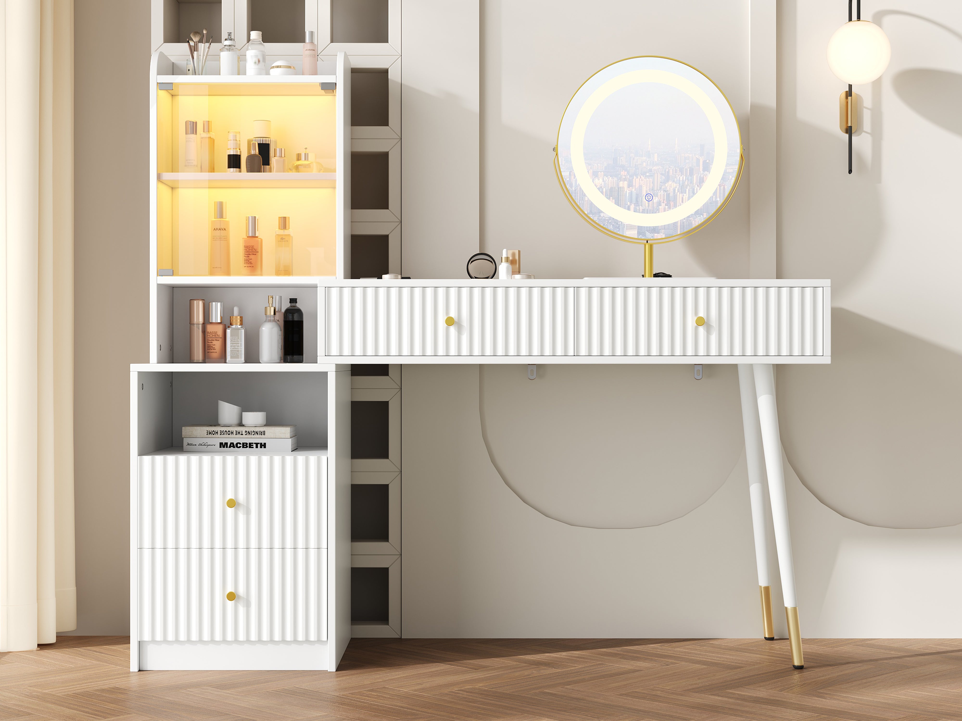 Dressing Table Set Tri-Color LED Mirror 4 Drawers Illuminated Cabinet White