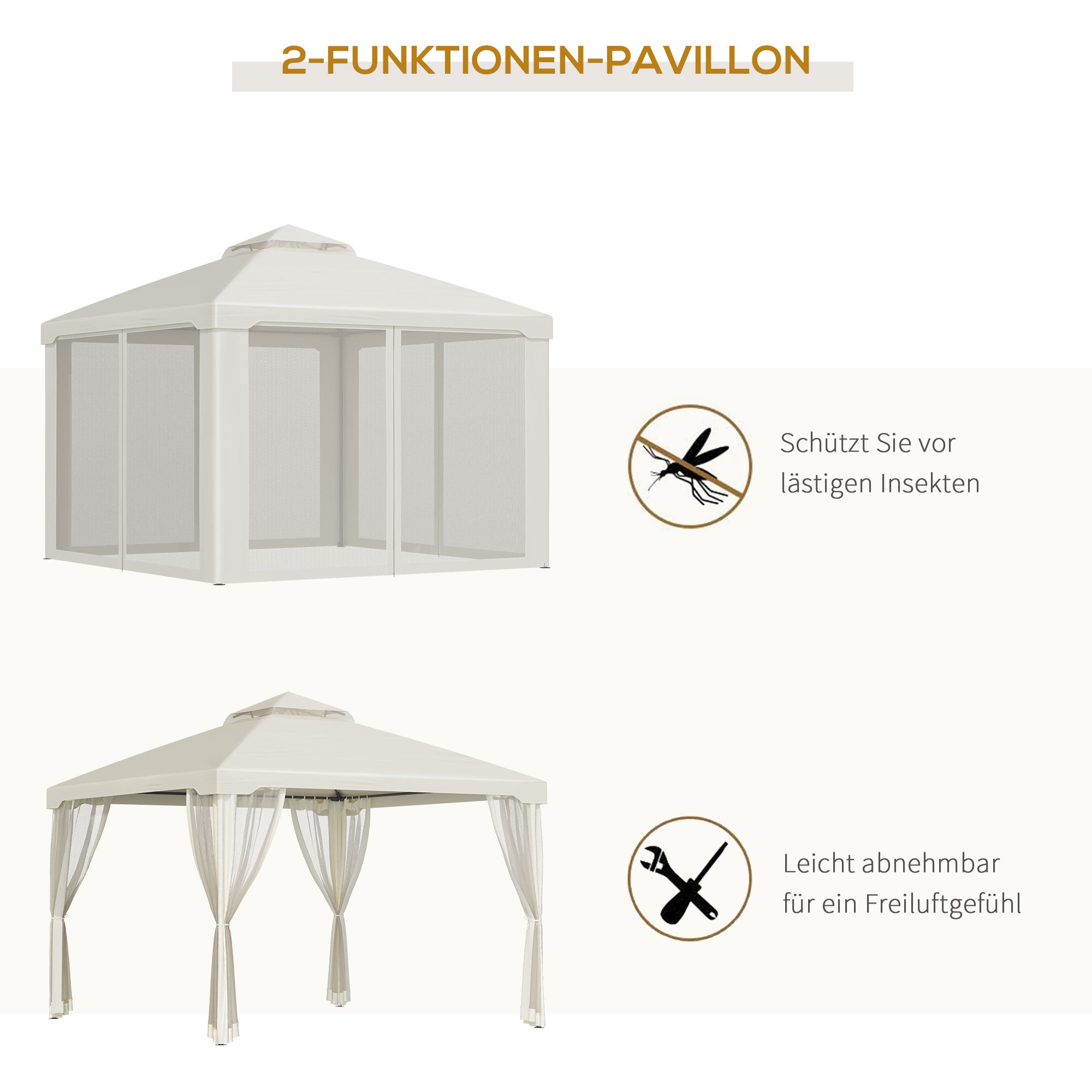 Garden Gazebo 3x3m with 4 Side Walls Weatherproof, Metal and Polyester Cream White