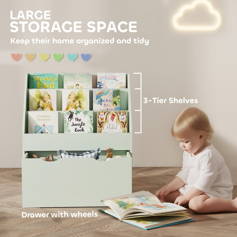 Bookcase for Kids, 3 Shelves with Drawer, Green MDF
