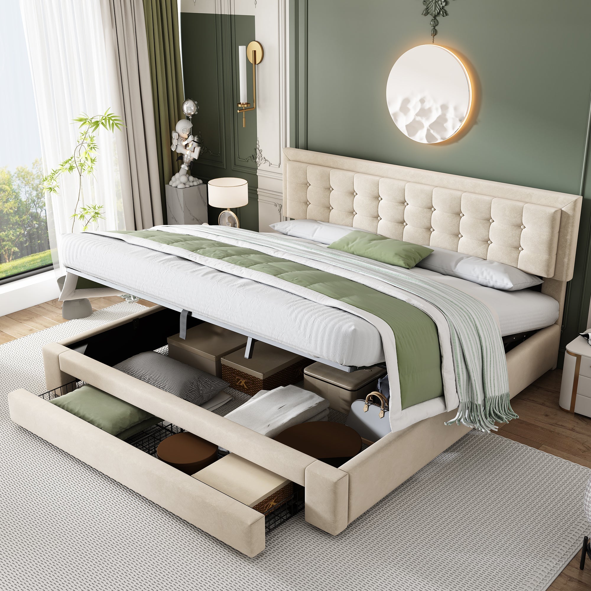 Upholstered Bed, King Size 150x200cm with Large Storage, Slats and Headboard, Velvet Fabric, Cream