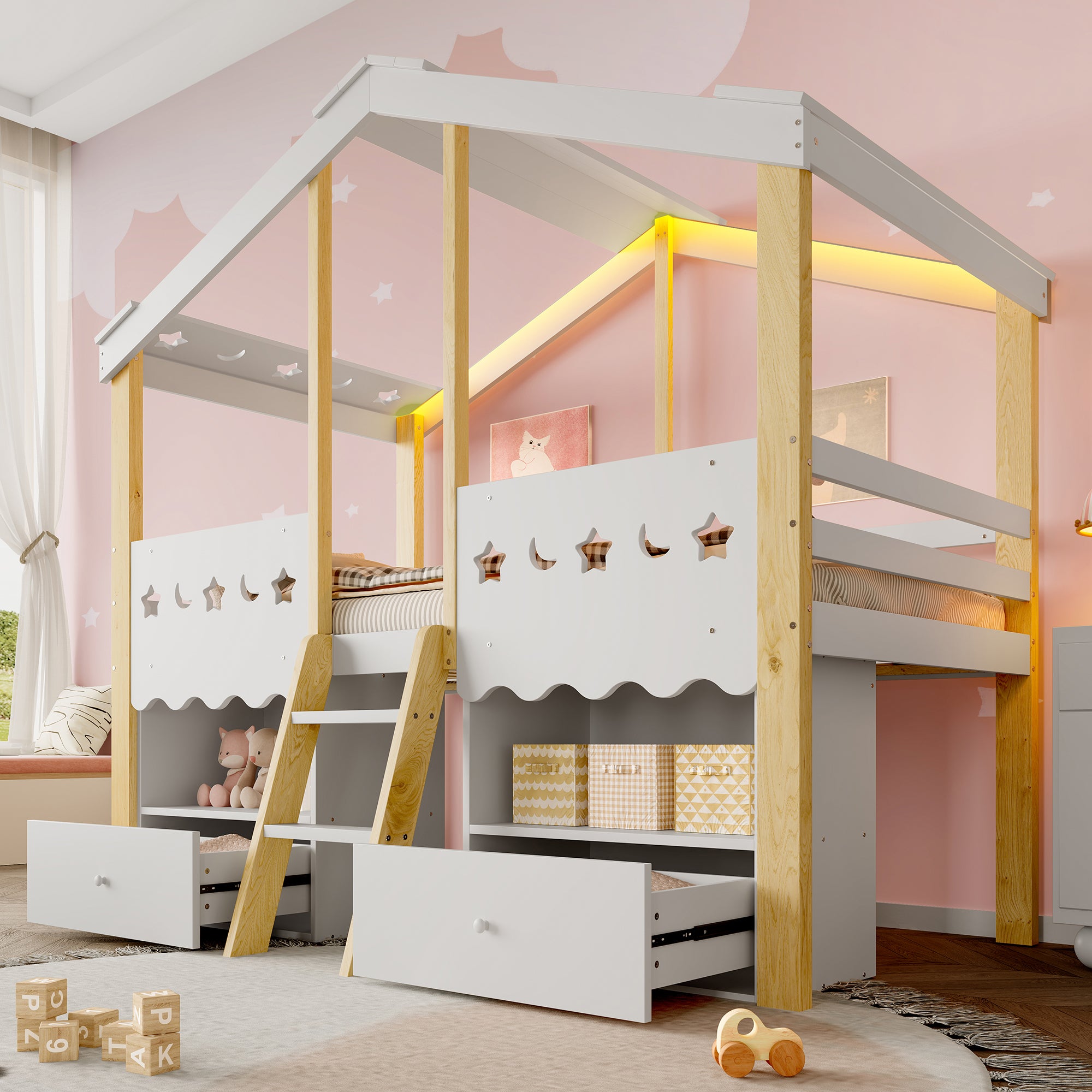 Mid-height Bed 90x200cm House Shape 2 Drawers LED Light - White/Natural