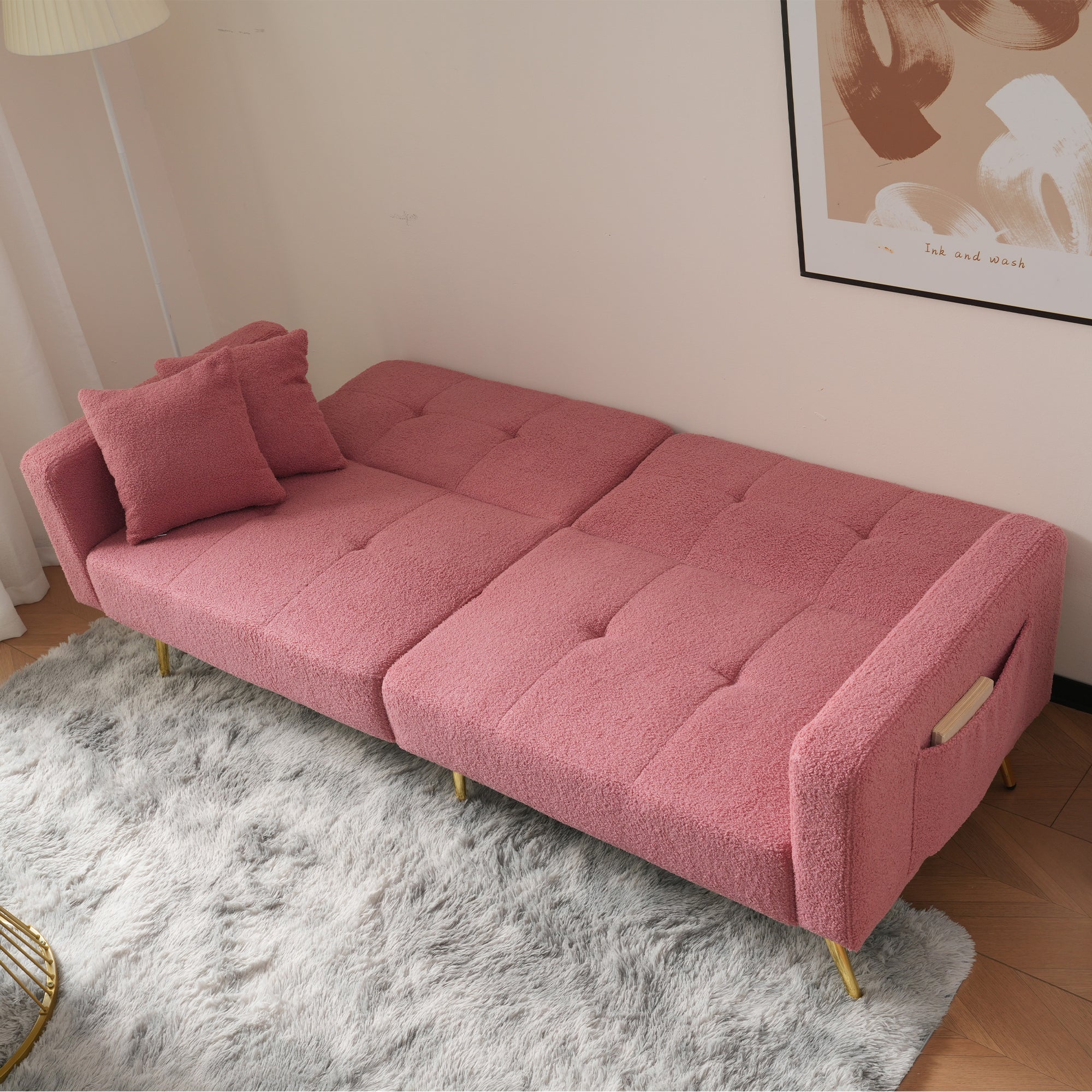 Sofa Bed, Adjustable Backrest, Gold Legs & Storage Pockets