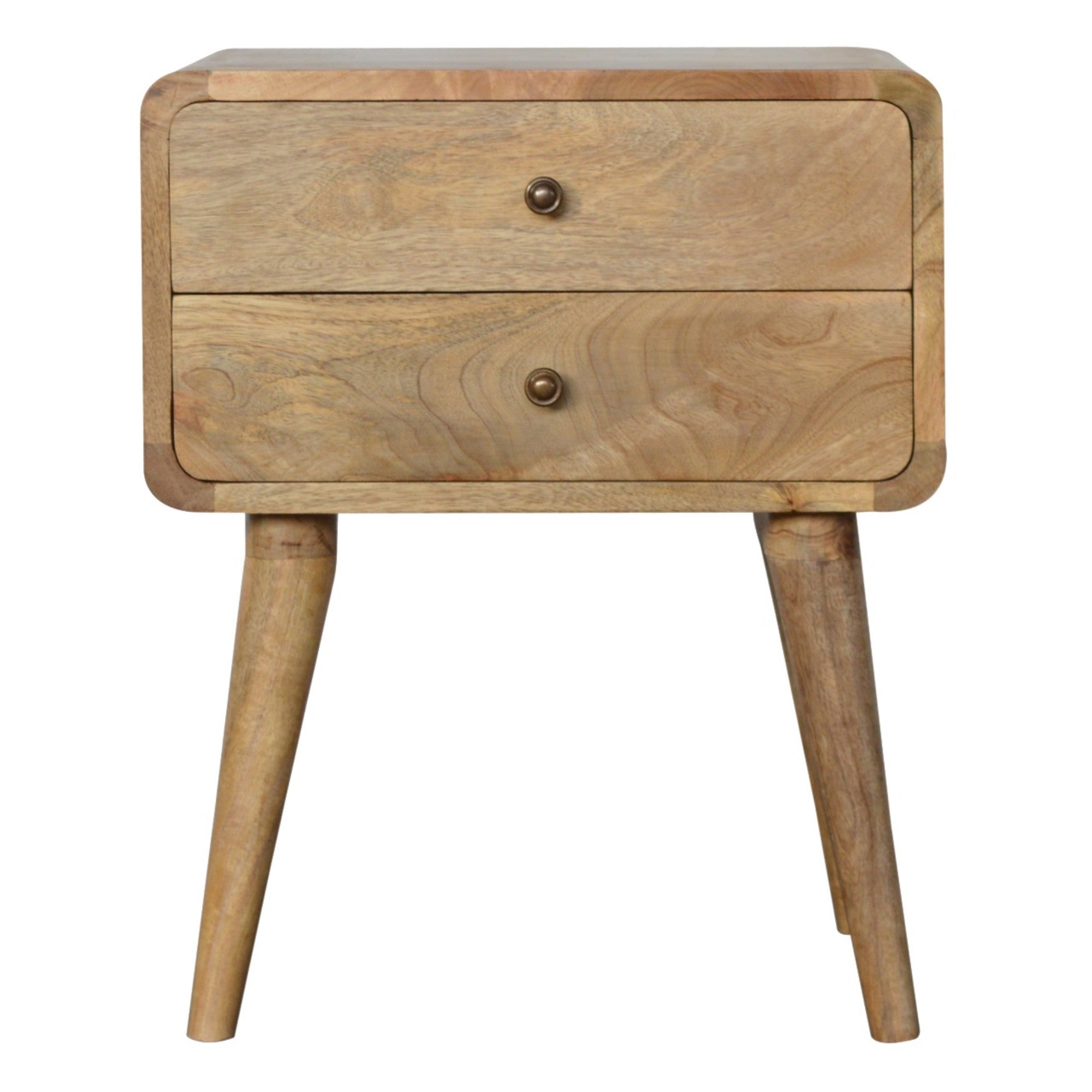 Solid Wood Bedside, Curved 2 Drawers, Beige Oak-ish