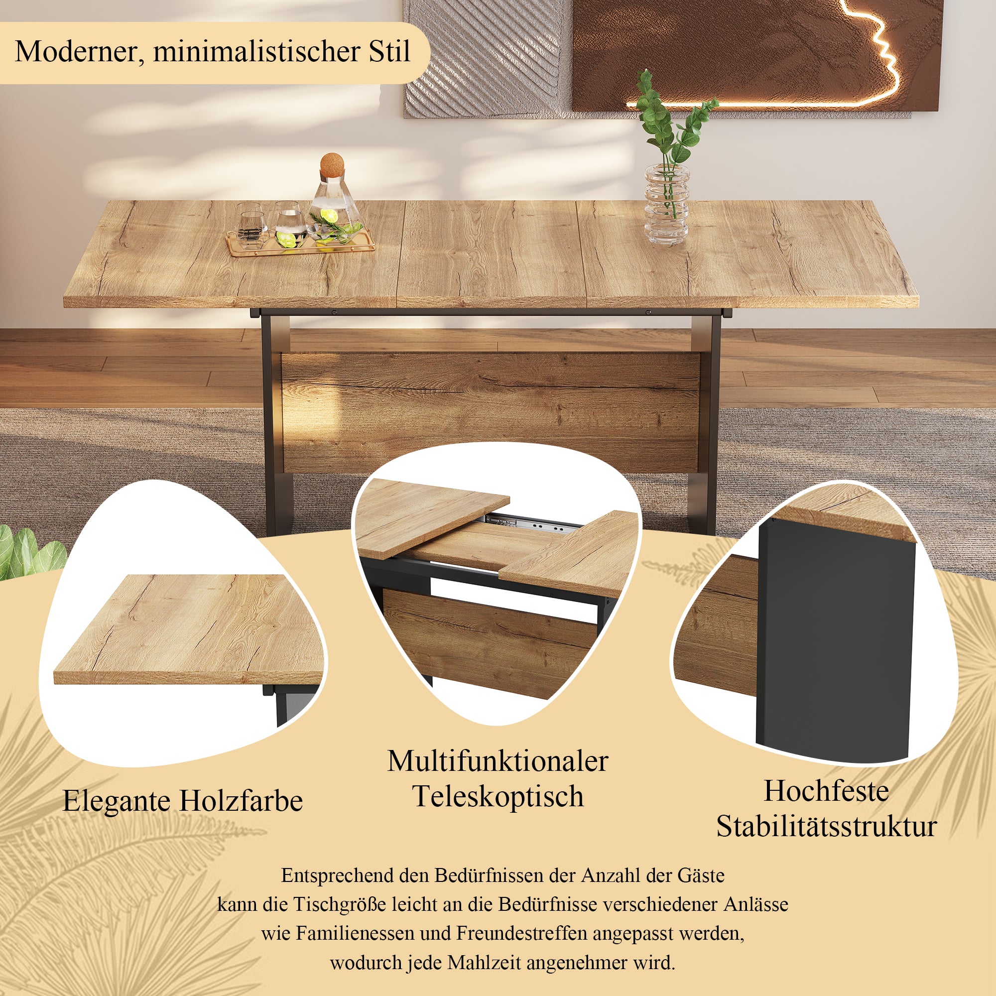 Extendable Dining Table 140/180x80cm Rectangular Wood Grain Minimalist Style Natural