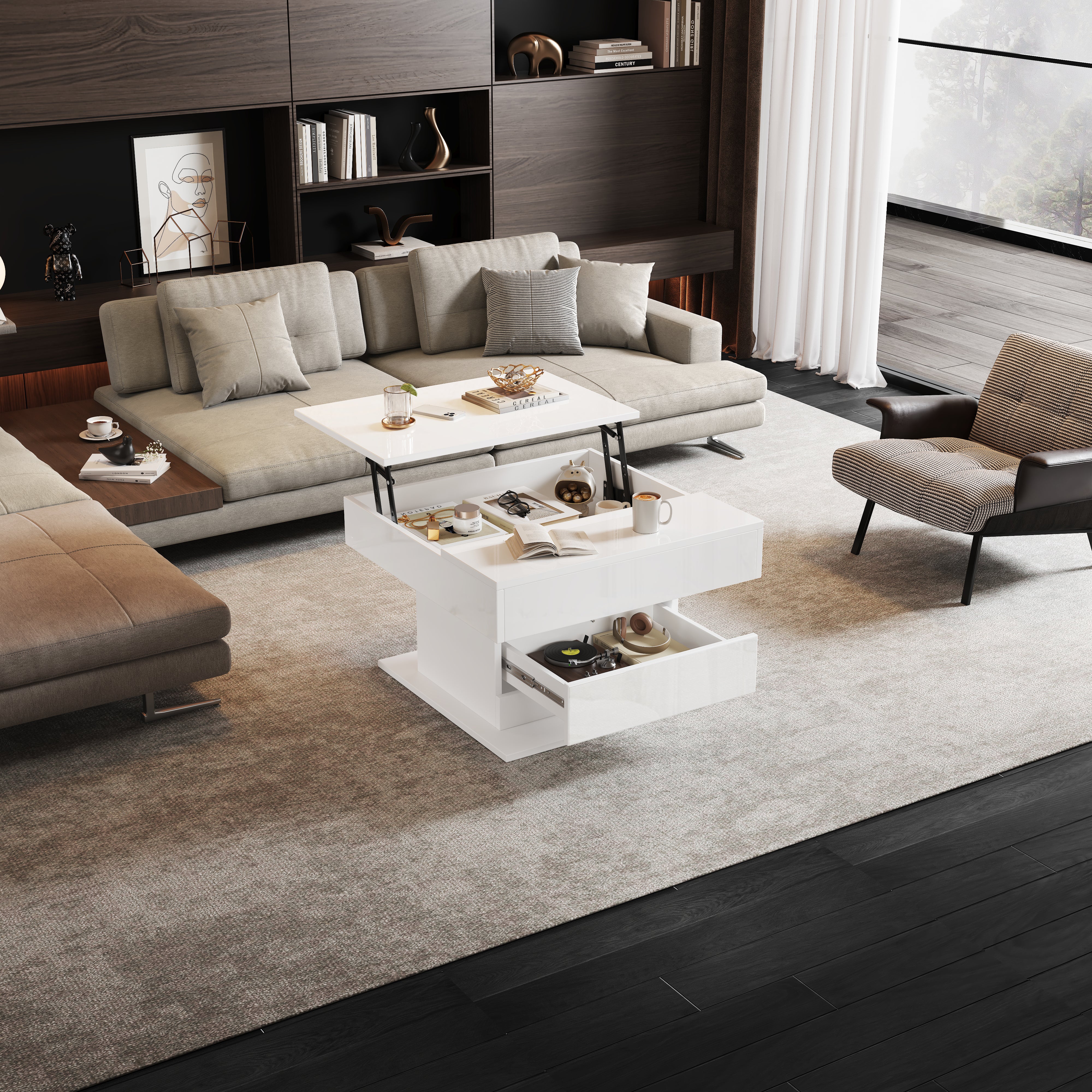 Coffee Table Geometric Lift-Up 360° Swivel Top 1 Drawer Hidden Storage - High-Gloss White