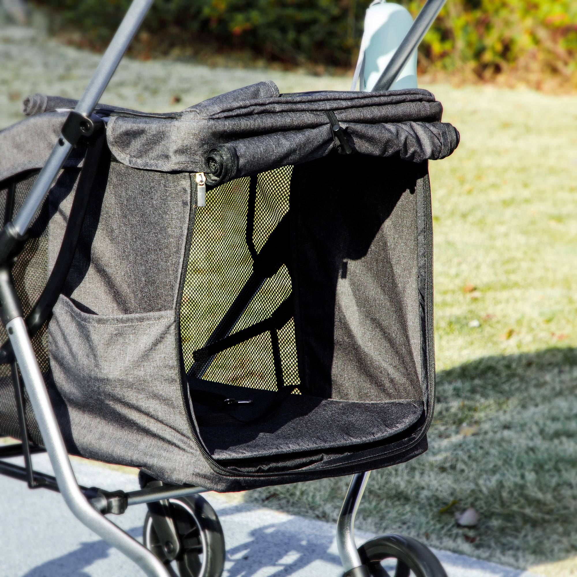 Dog Stroller, Lightweight Foldable with Cushion & Mesh, Aluminum Gray