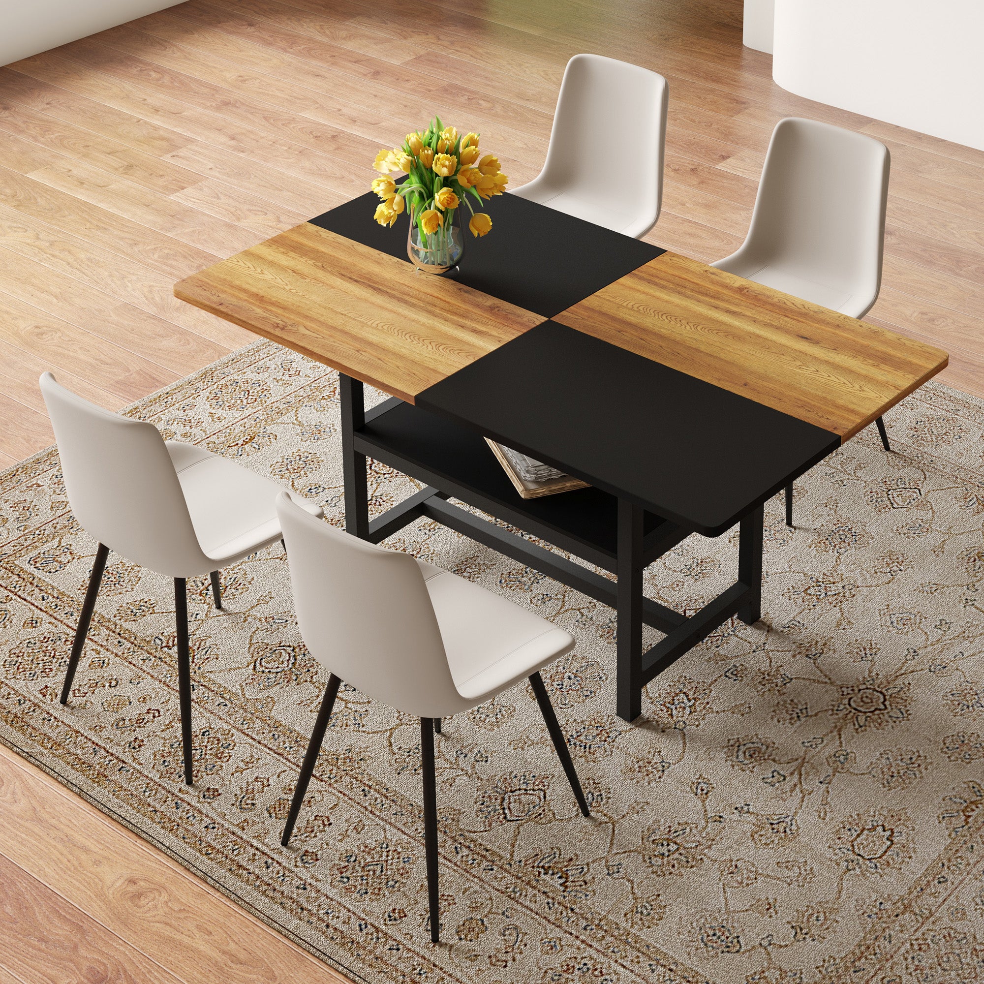 160 cm Rectangular Dining Table Set, Storage & 4 Chairs with Widened Cushions, Warm Grey PU Material