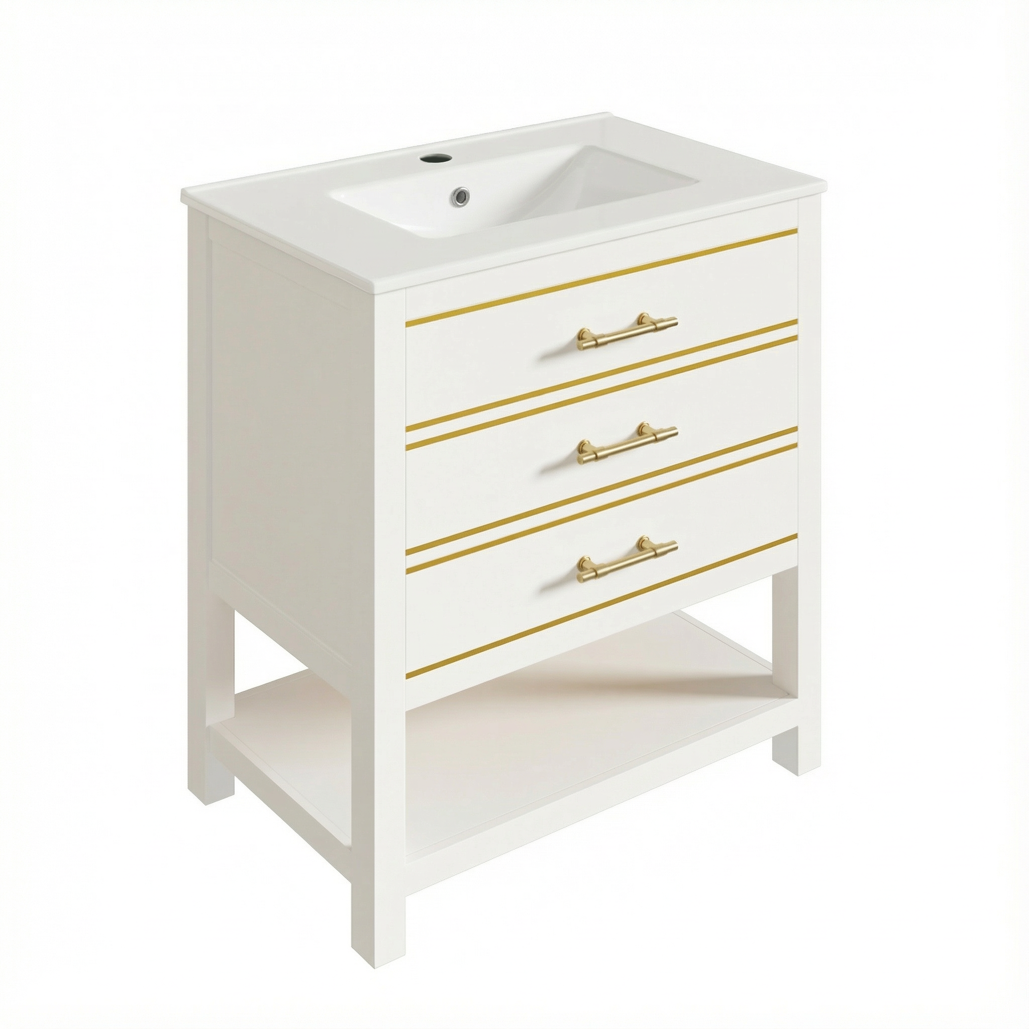 Bathroom Vanity Unit with Ceramic Basin and 2 Drawers, White and Gold