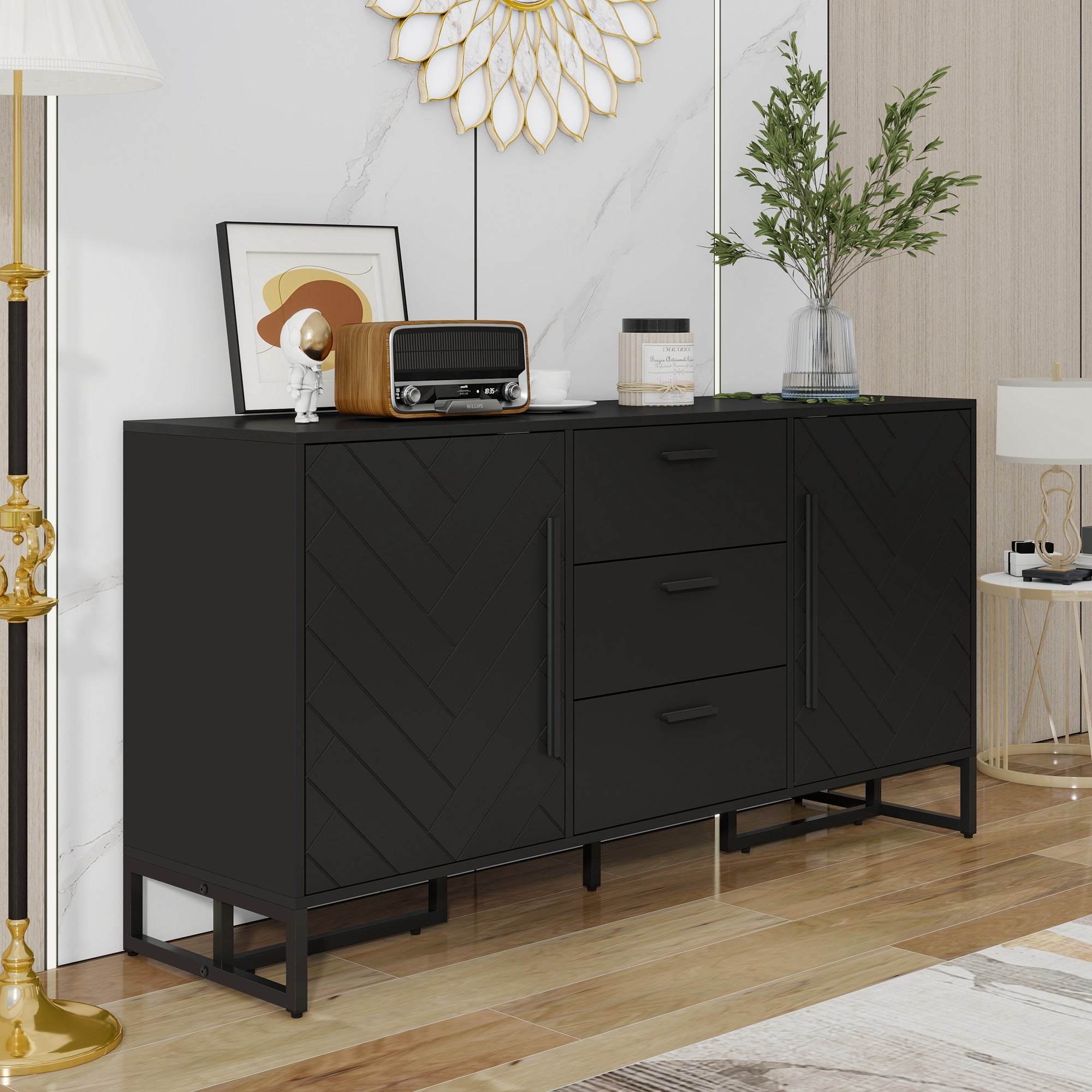 Sideboard Herringbone Pattern 2 Doors 3 Drawers Black