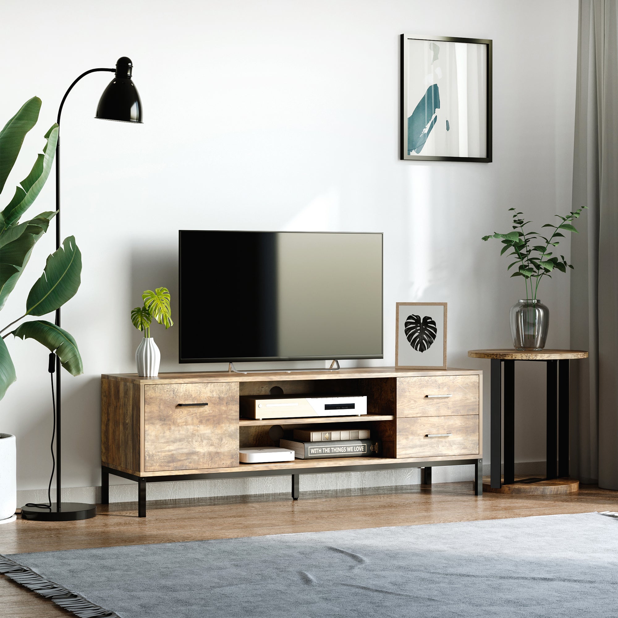 TV Stand Cabinet, Light Industrial-Style Multi-Storage for up to 50" Screen - Brown/Black