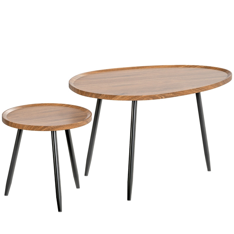 Nesting Coffee Table Set of 2 Modern Stacking End Side Table with Metal Legs Chestnut Wood Effect