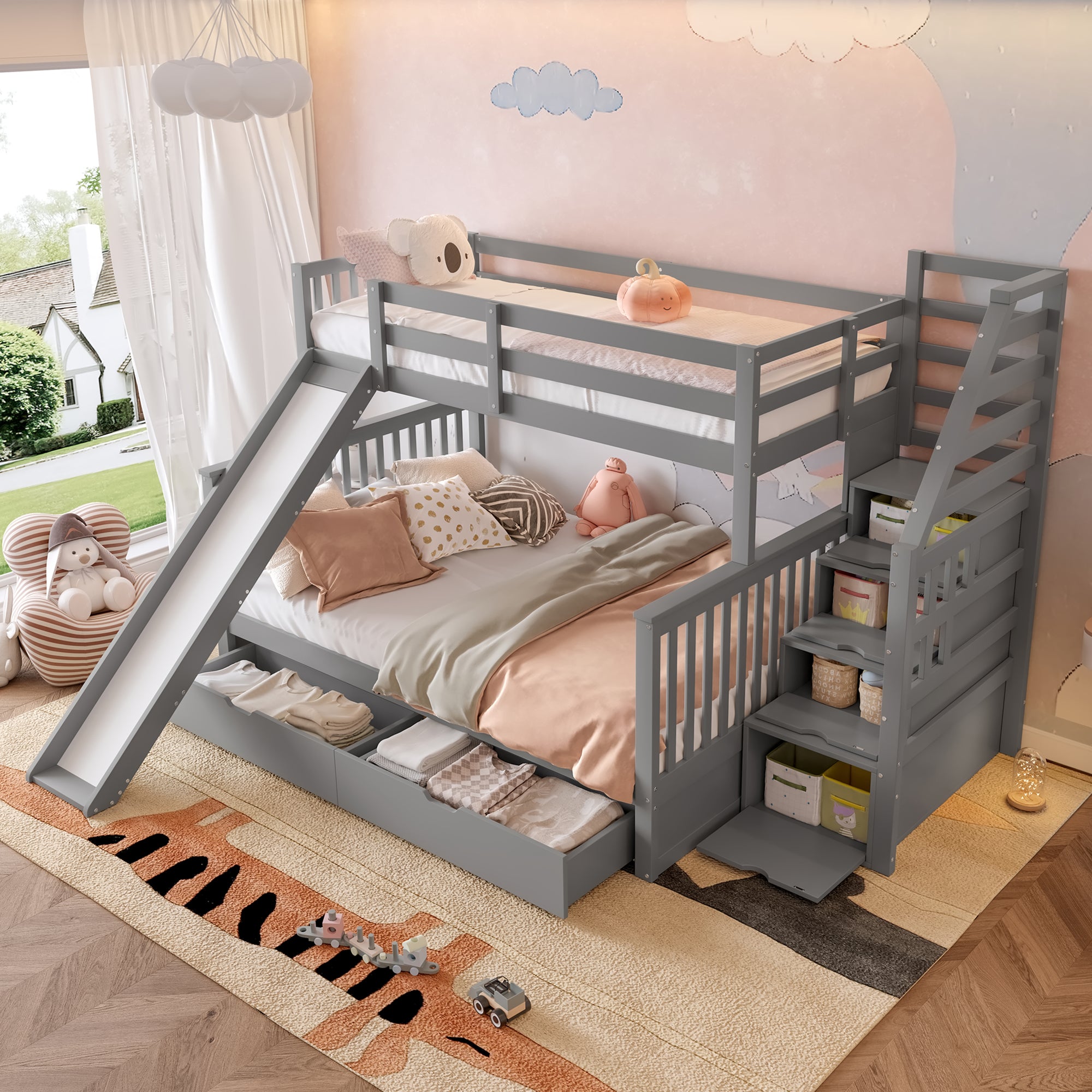 Bunk bed, 90 x 200 over 140 x 200, drawers, storage, slide, grey