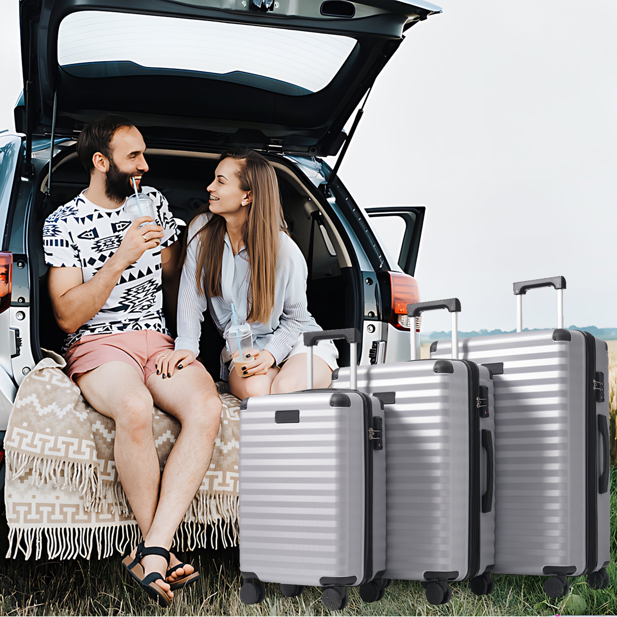 M&L&XL 3-Piece Suitcase Set - Expandable, Reinforced Corners, Cup Holder, TSA Lock, 360° Rotating Wheels, ABS Hard-Shell