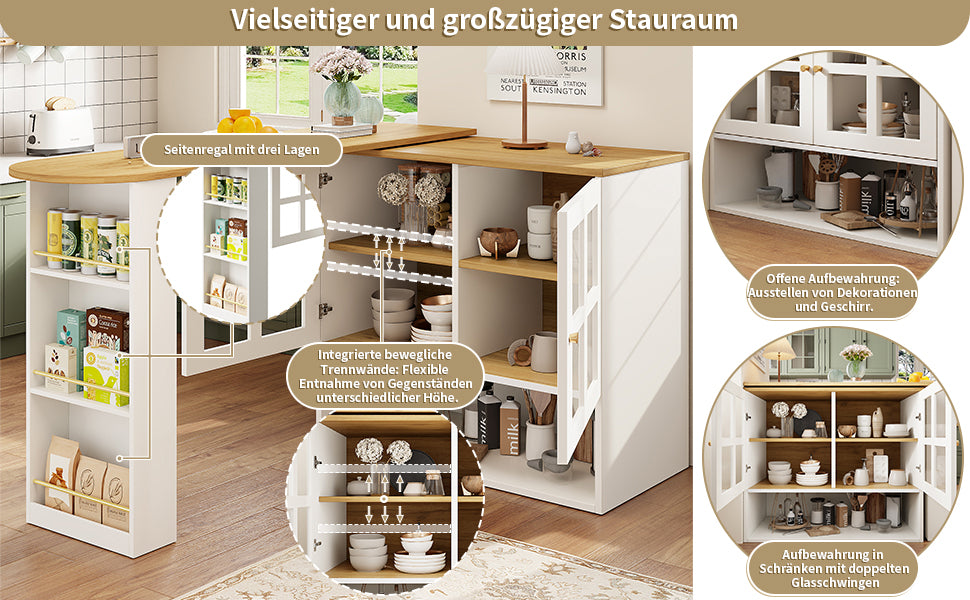 360° Rotating Sideboard - Multifunctional Dining Bar, 5 Shelves & Glass - White