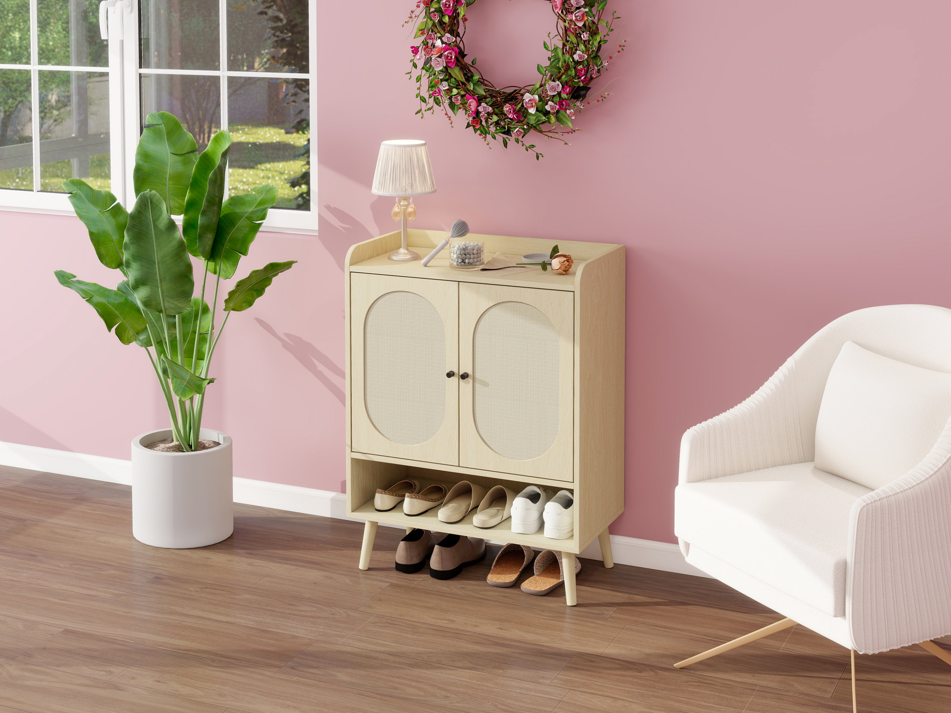 Shoe Cabinet with Double Doors, Storage & Open Shelf, Natural Rattan