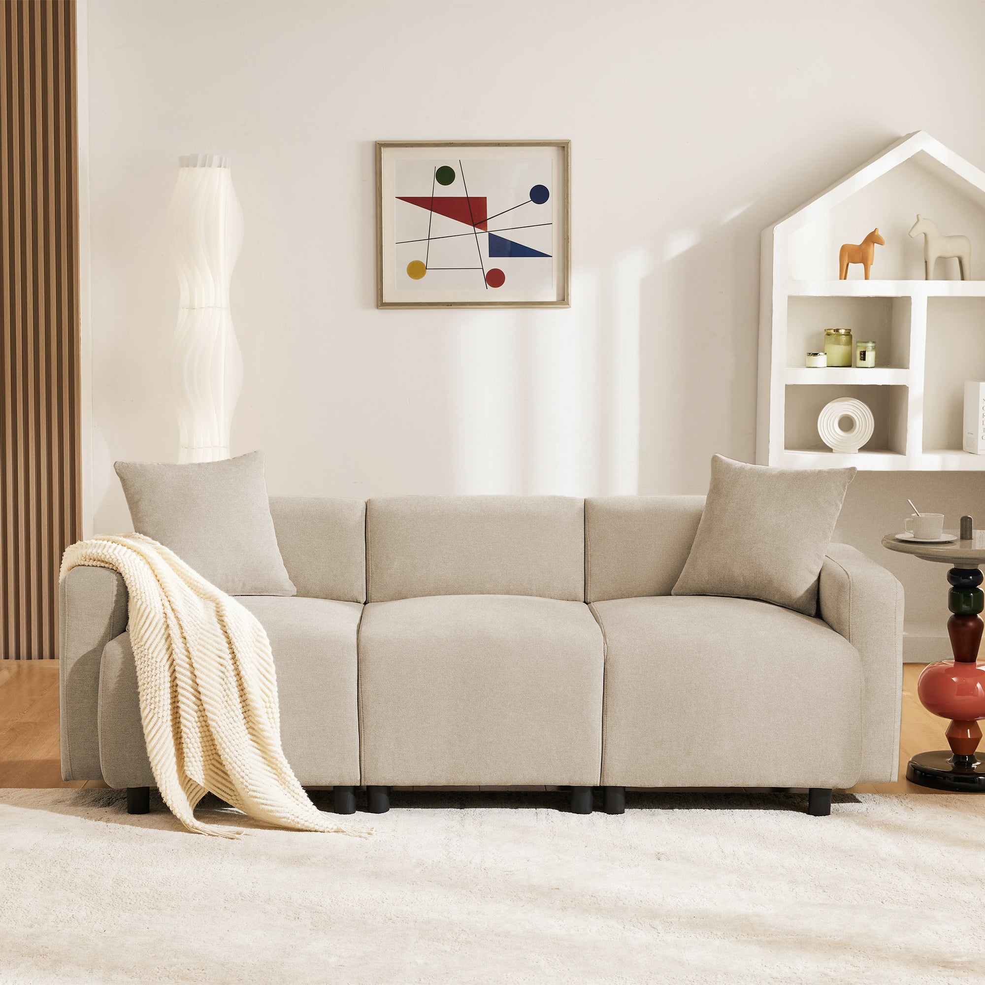 Sofa, 3-Seater Modern Upholstered with Decorative Cushions