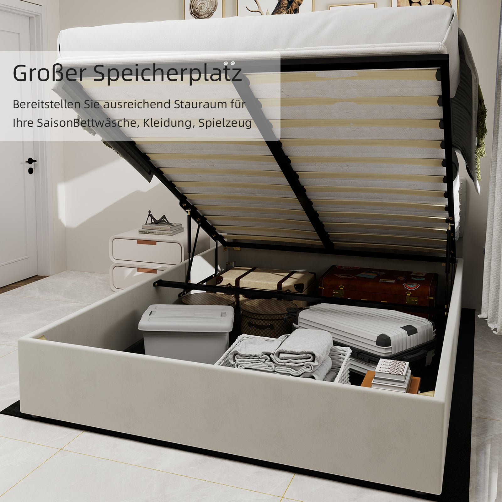 Modern Minimalist Bed Frame, 90x200 cm Gas Lift Storage, Beige Dutch Velvet