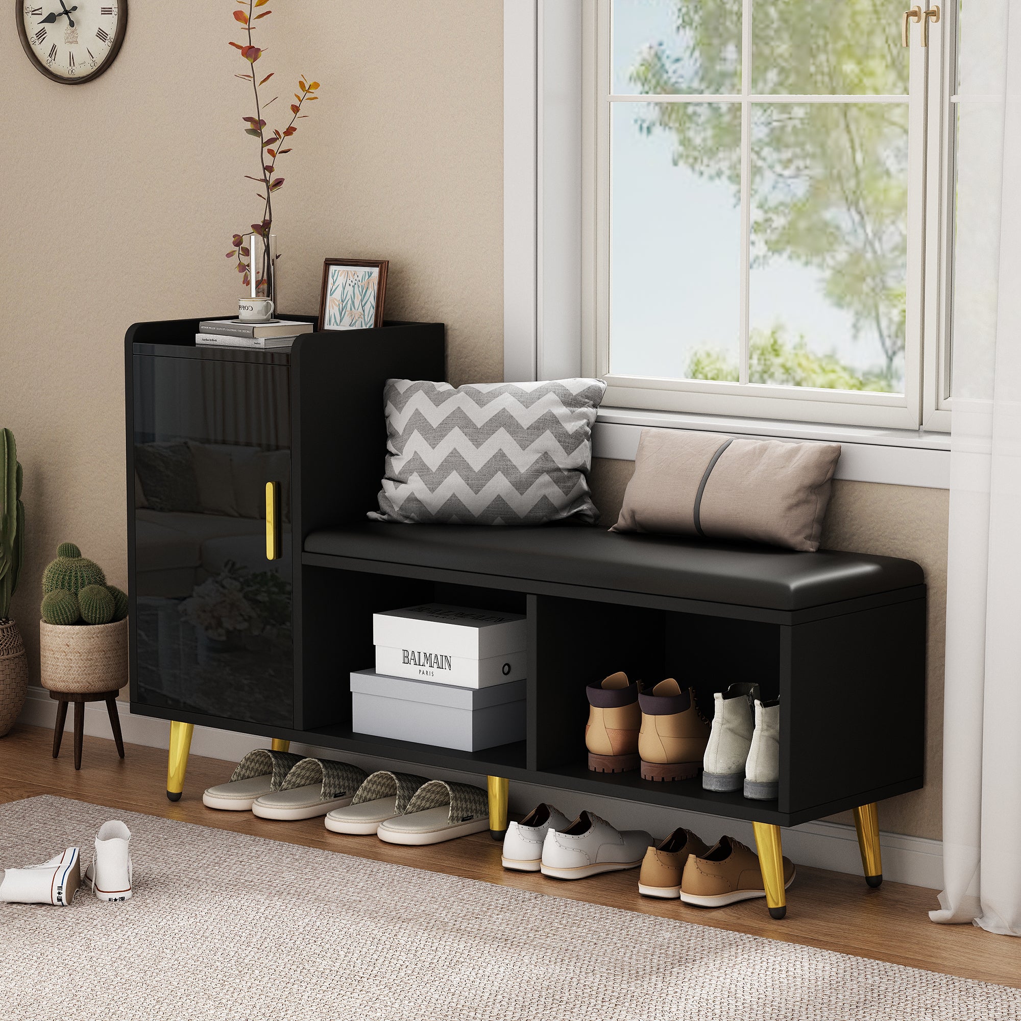 Shoe Cabinet, Multi-tiered Storage with Padded Seat & Gold Accessories, Black High Gloss