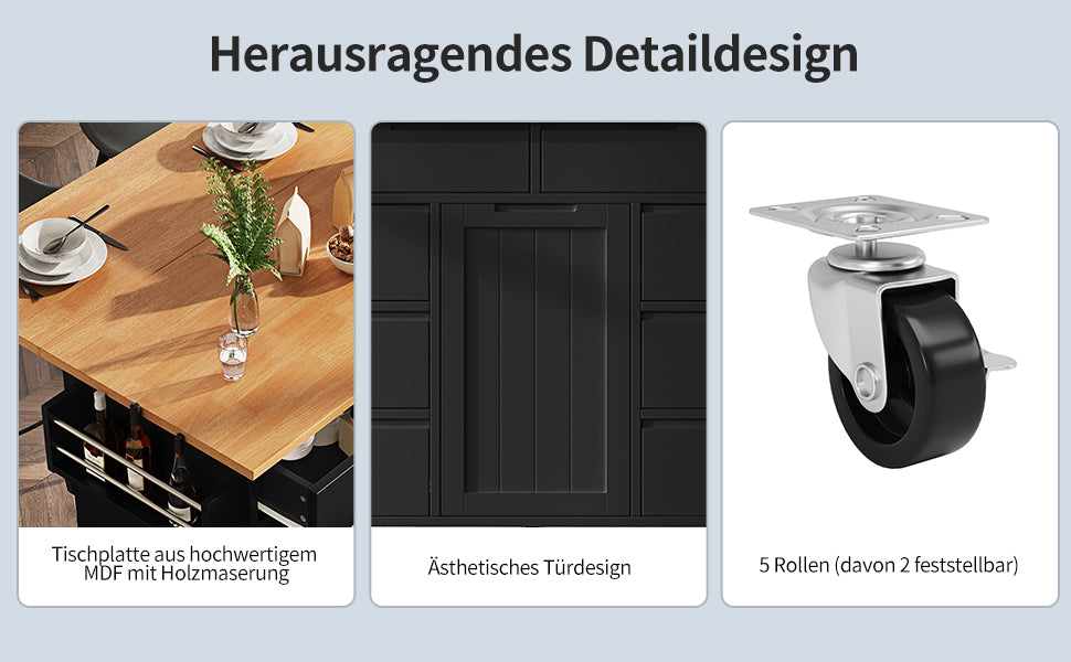 Kitchen Island Extendable Mobile Worktop 8 Drawers Spice Rack - Black