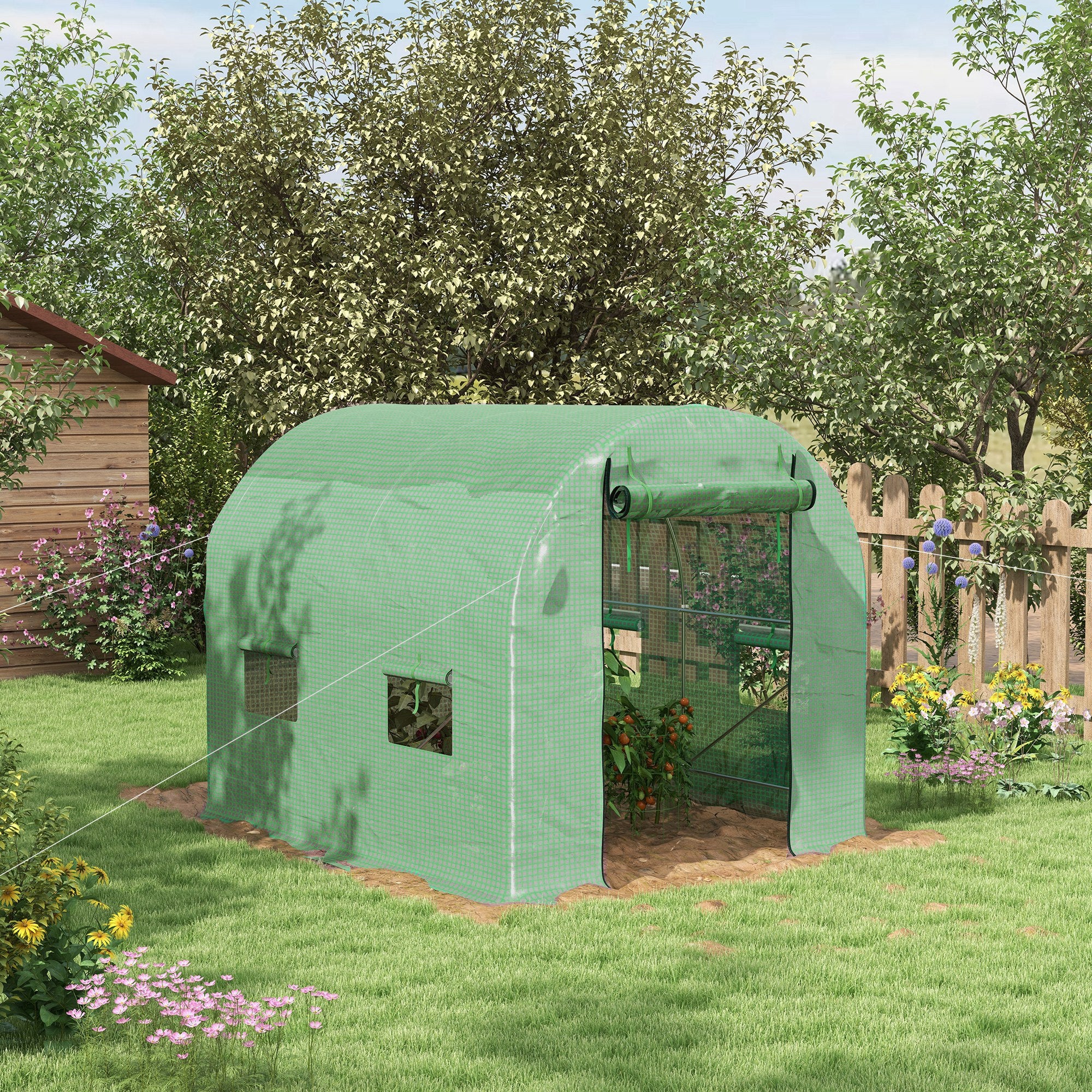 Walk-In Garden Polytunnel Greenhouse Roll-Up Door 4 Windows 2.5 x 2m Steel PE Green