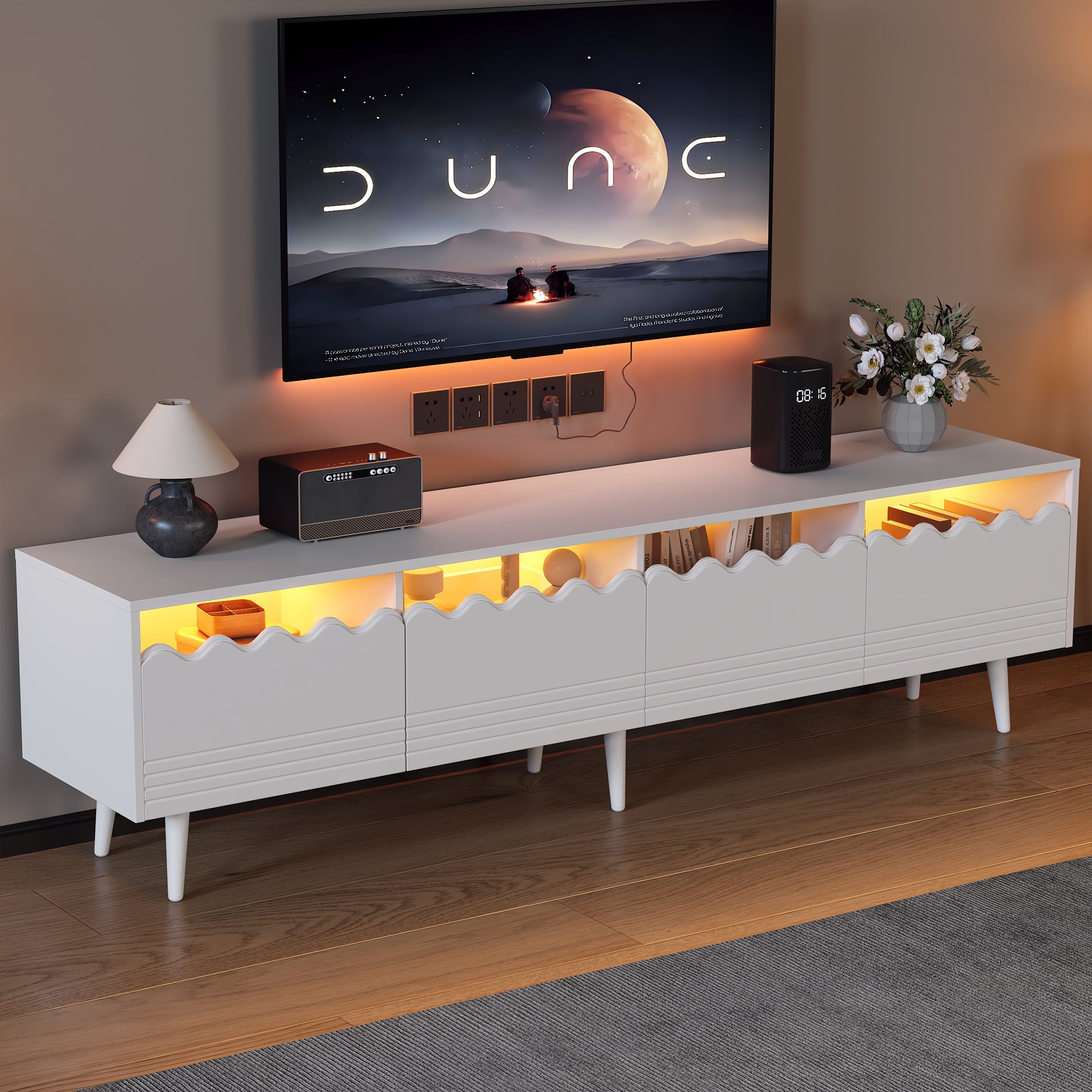 TV Stand, 176x38x45cm Lowboard with 2 Drawers & 2 Cabinets for up to 75 inch TVs, White