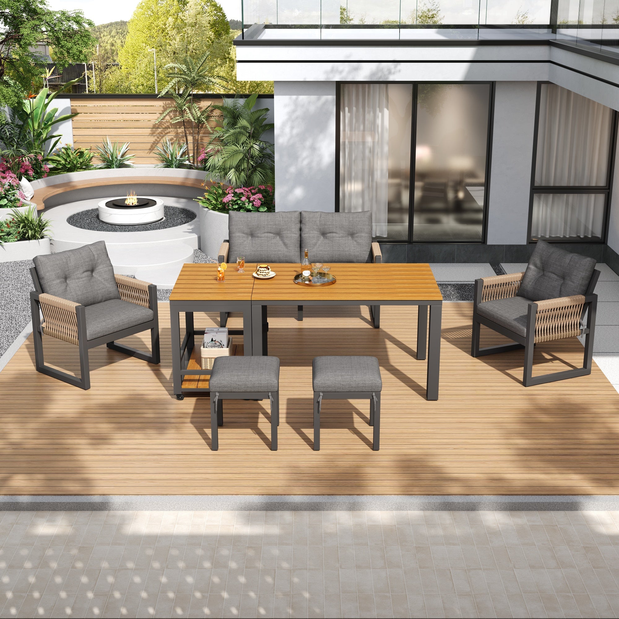 Outdoor Sofa Set with Woven Armrests, Cushions and Multifunctional Table, Iron Frame