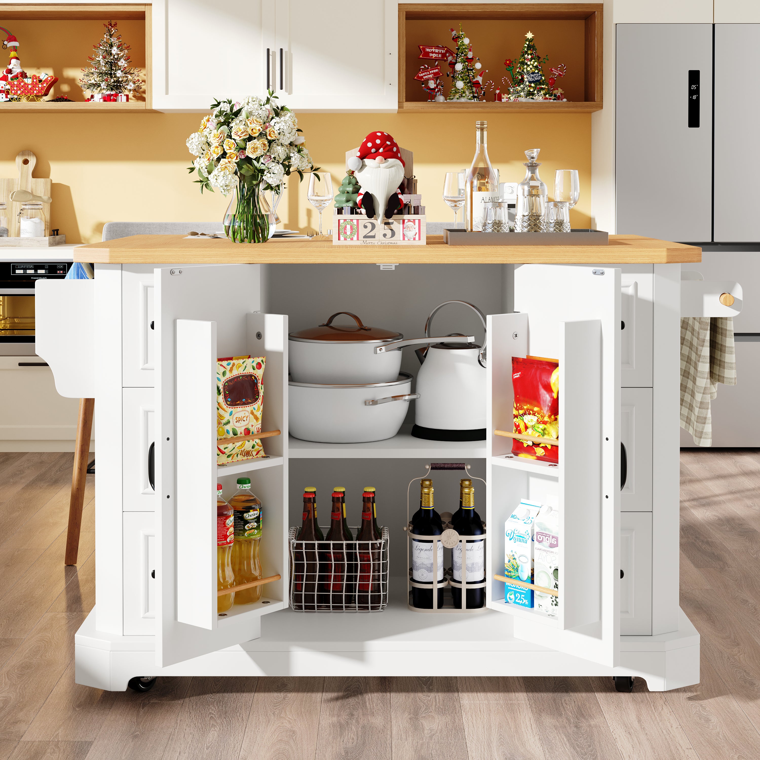 Mobile Kitchen Island with 2 Doors and 6 Drawers, White and Black