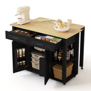 Mobile Kitchen Island with Extendable Bar Counter and Power Outlets, Wood Look
