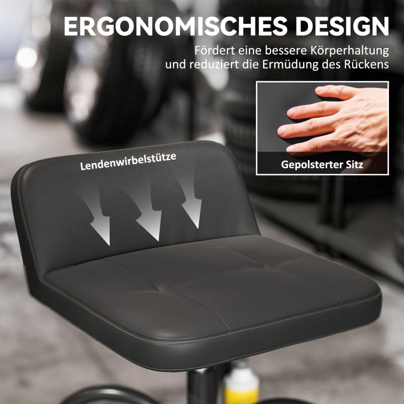 Workshop Stool with Wheels, Storage & Lumbar Support, 135 kg Load Capacity, Black